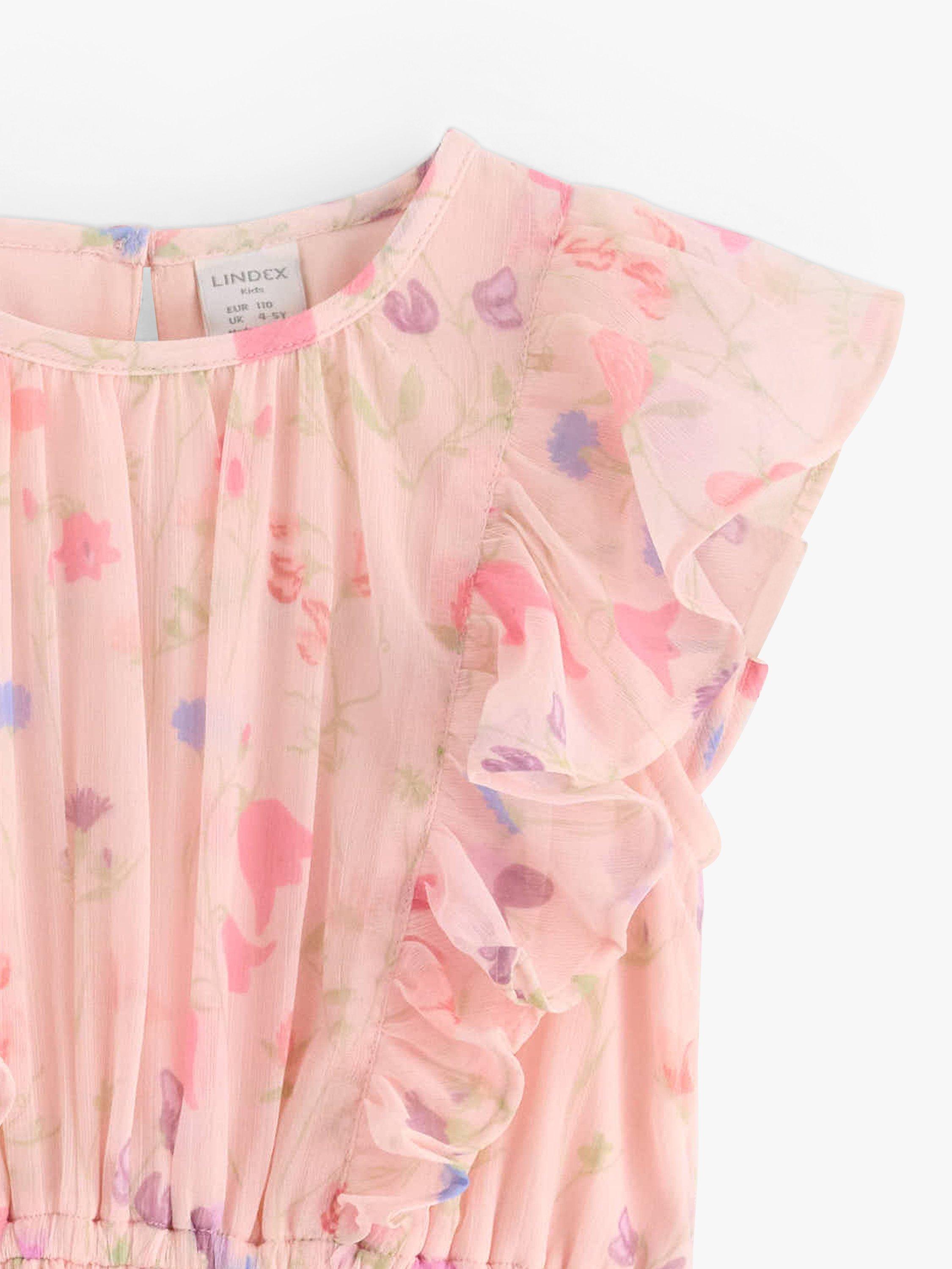 Product image 7 of 7, which shows Lindex Kids' Floral Print Chiffon Frill Sleeve Dress, Light Pink, 2-3 years