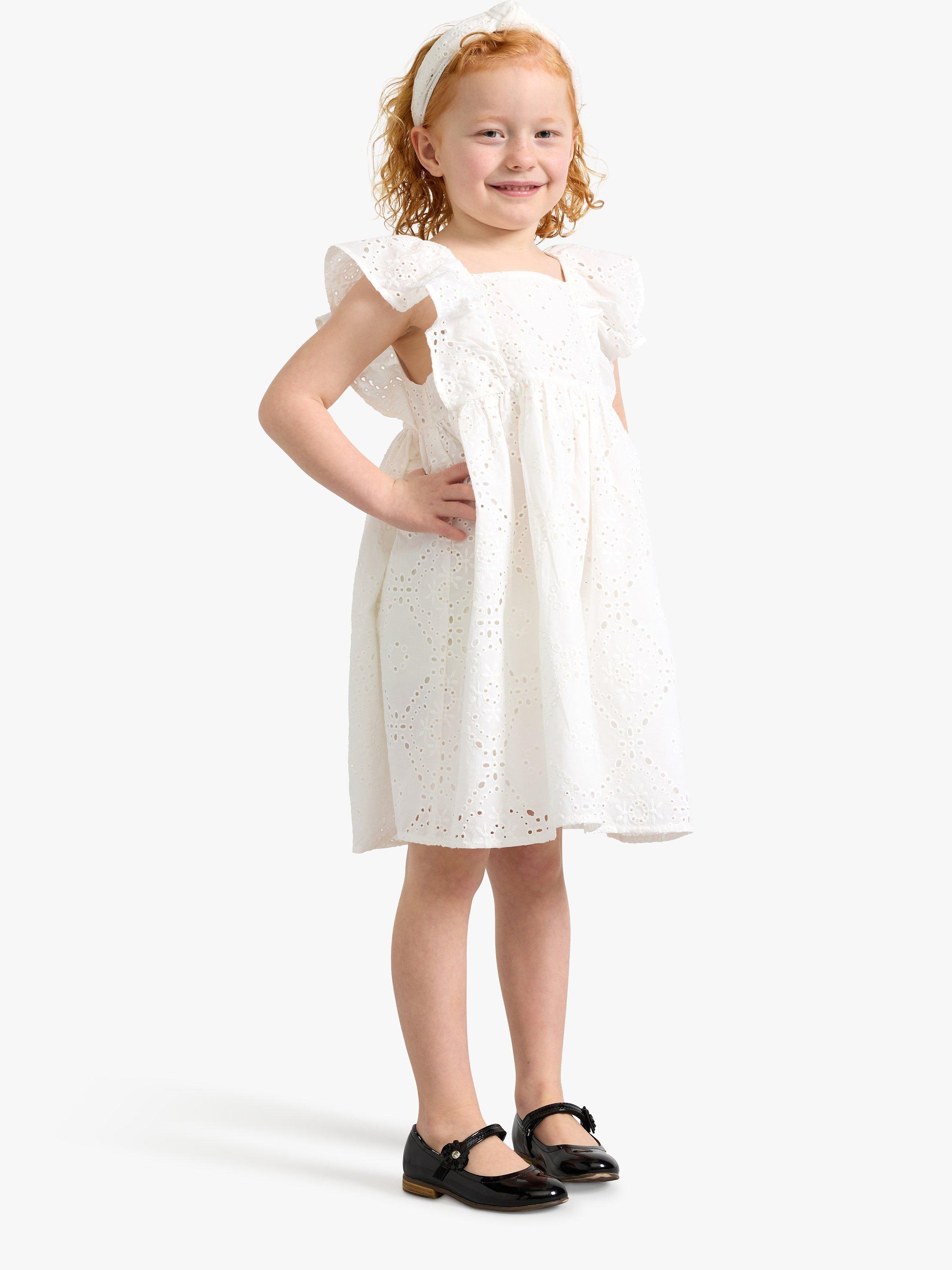 Product image 1 of 7, which shows Lindex Kids' Embroidery Anglais Frill Sleeve Dress, Off White, 18-24 months