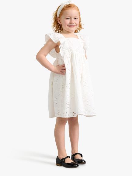 Lindex Kids' Embroidery Anglais Frill Sleeve Dress, Off White, Off White