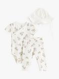 Lindex Baby Organic Cotton Blend Floral Print Wrap Bodysuit, Trousers, & Hat Set, Light Dusty White