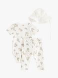 Lindex Baby Organic Cotton Blend Floral Print Wrap Bodysuit, Trousers, & Hat Set, Light Dusty White