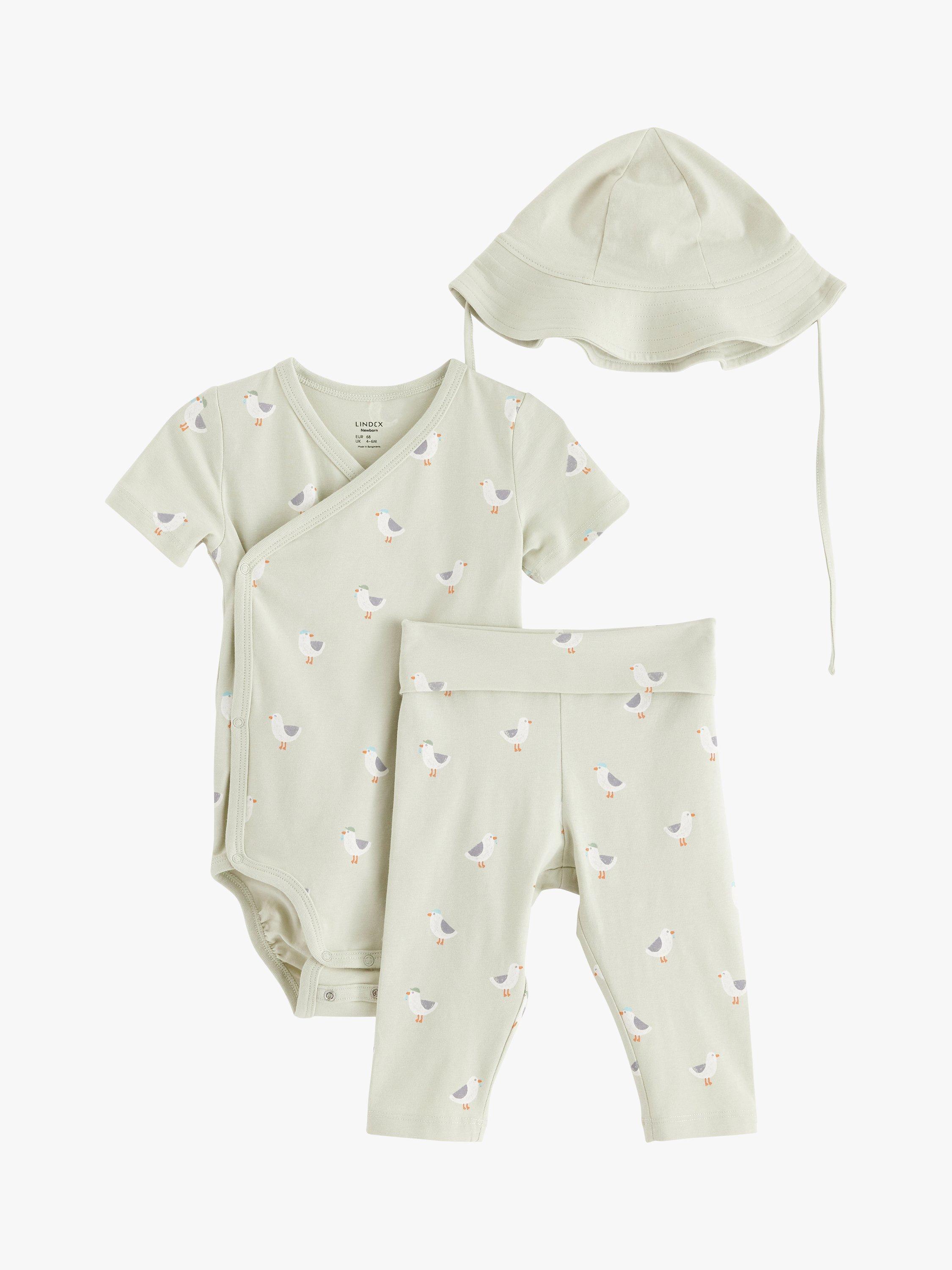 Product image 1 of 3, which shows Lindex Baby Organic Cotton Blend Blend Bird Print Wrap Bodysuit, Trousers, & Hat Set, Light Green, 4-6 months