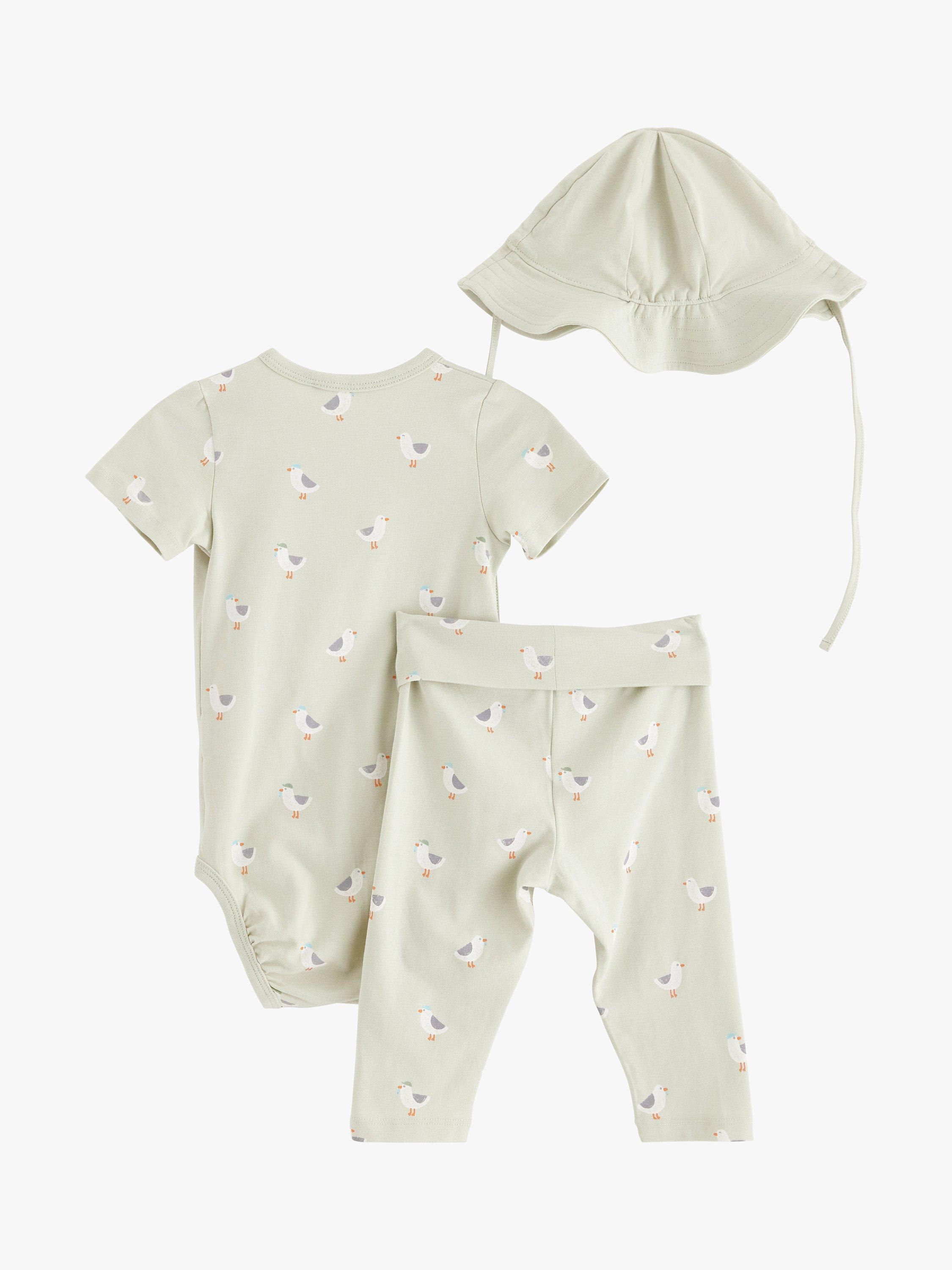 Product image 2 of 3, which shows Lindex Baby Organic Cotton Blend Blend Bird Print Wrap Bodysuit, Trousers, & Hat Set, Light Green, 4-6 months