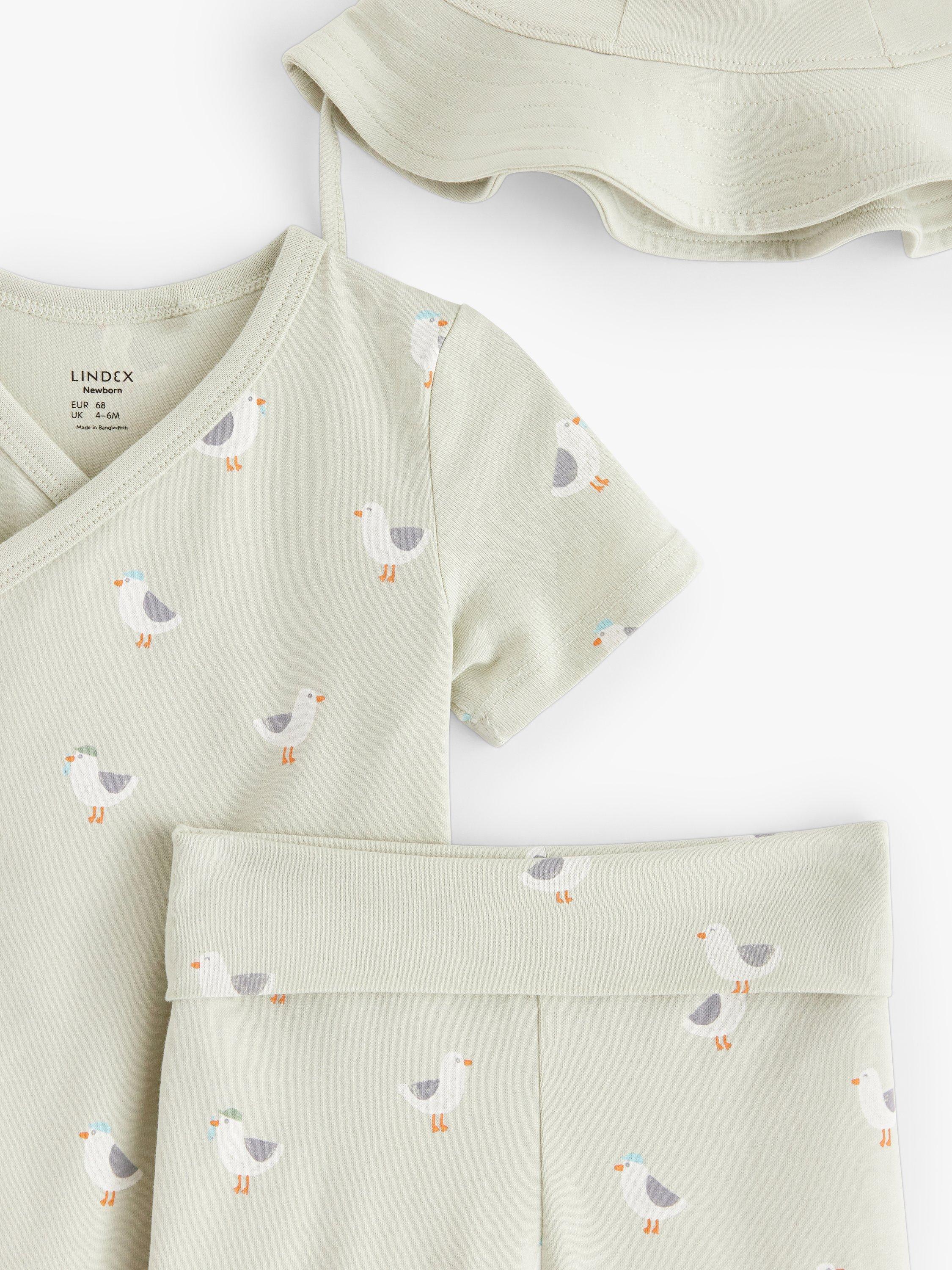 Product image 3 of 3, which shows Lindex Baby Organic Cotton Blend Blend Bird Print Wrap Bodysuit, Trousers, & Hat Set, Light Green, 4-6 months