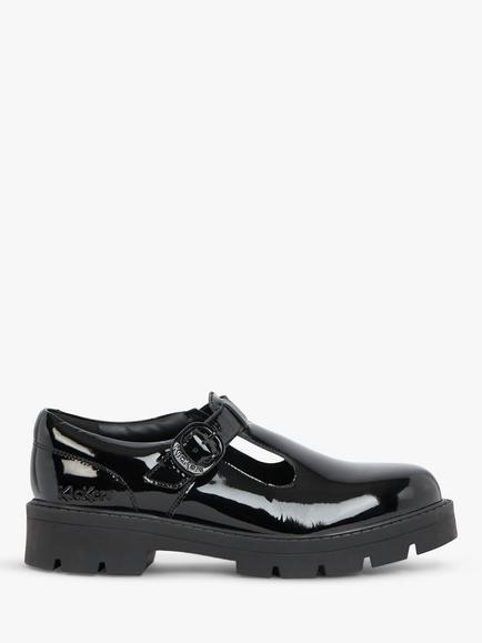 Kickers Kids' Kori T-Bar Leather School Shoes, Black Patent, Black Patent