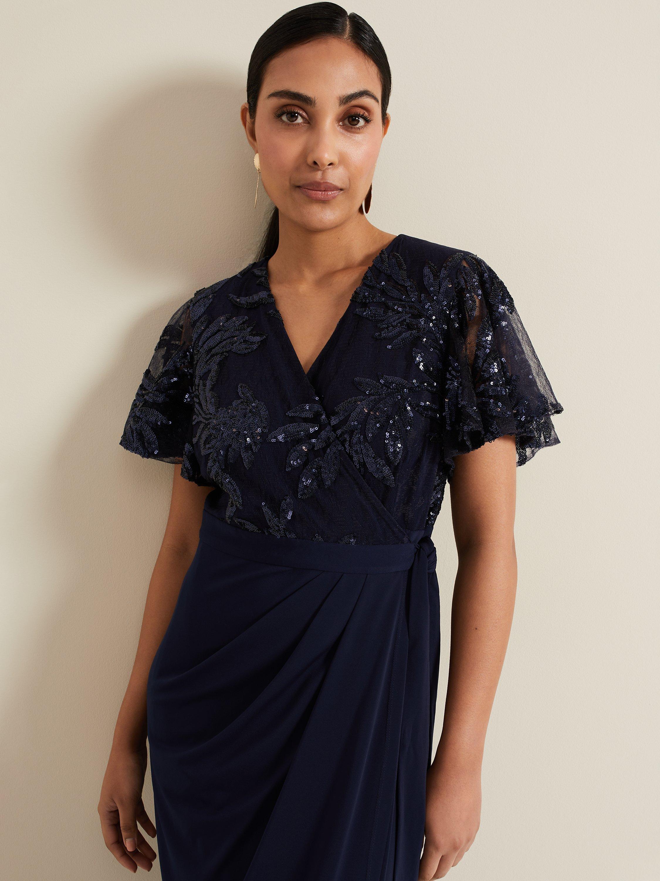 Product image 4 of 6, which shows Phase Eight Petite Minty Embellished Bodice Maxi Dress, Navy, 6