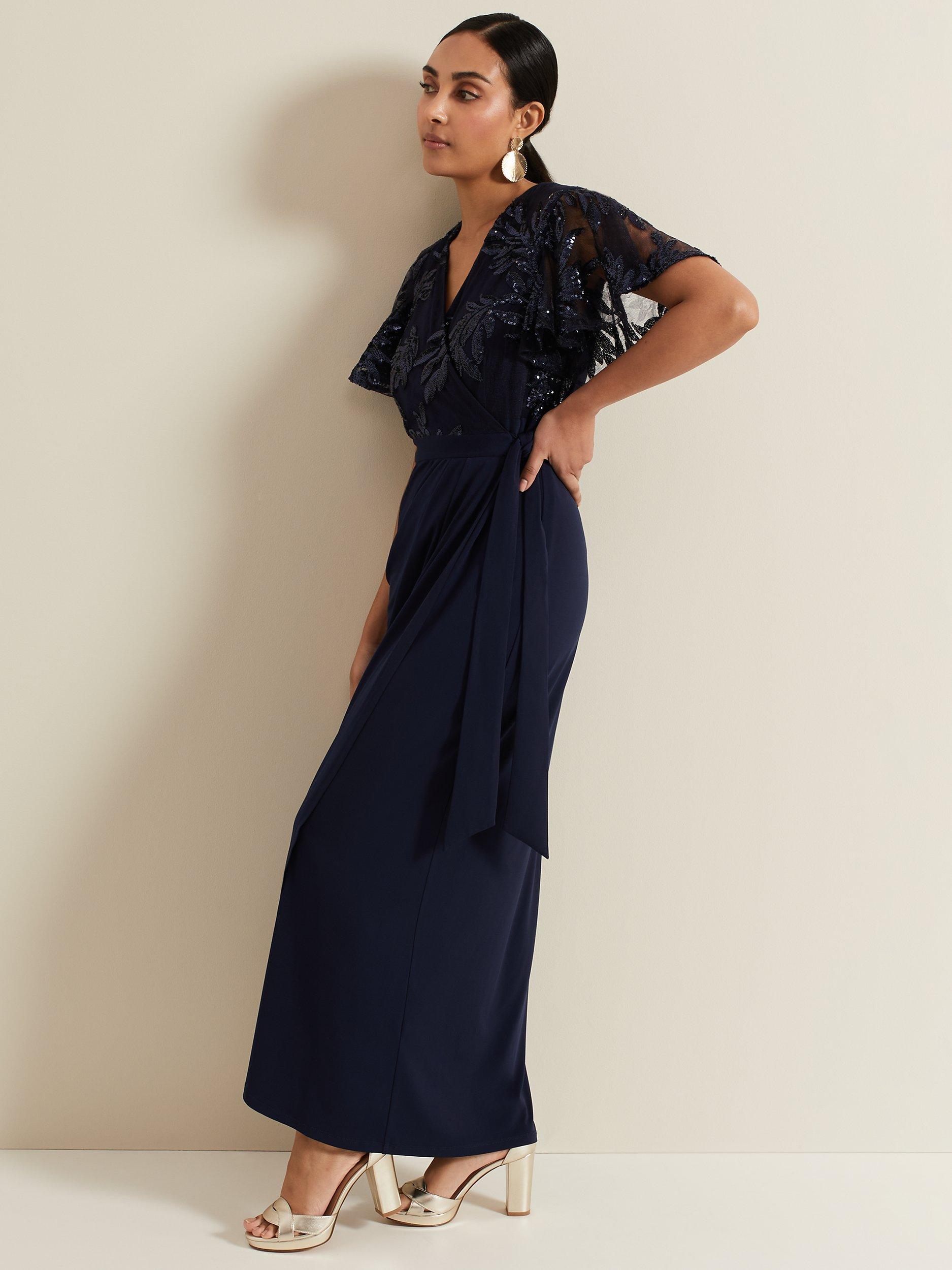 Product image 3 of 6, which shows Phase Eight Petite Minty Embellished Bodice Maxi Dress, Navy, 6