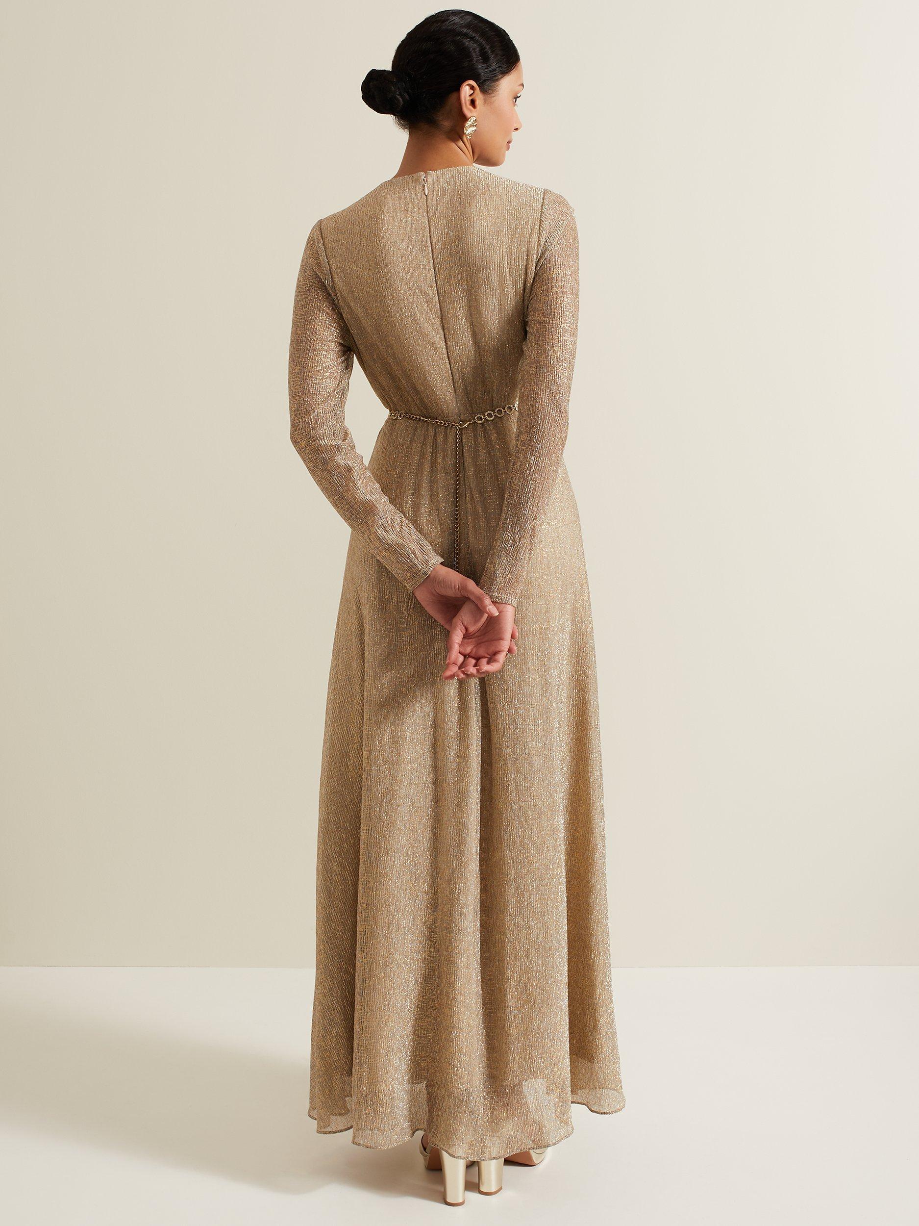Product image 2 of 9, which shows Phase Eight Masie Pleated Maxi Dress, Gold, 6