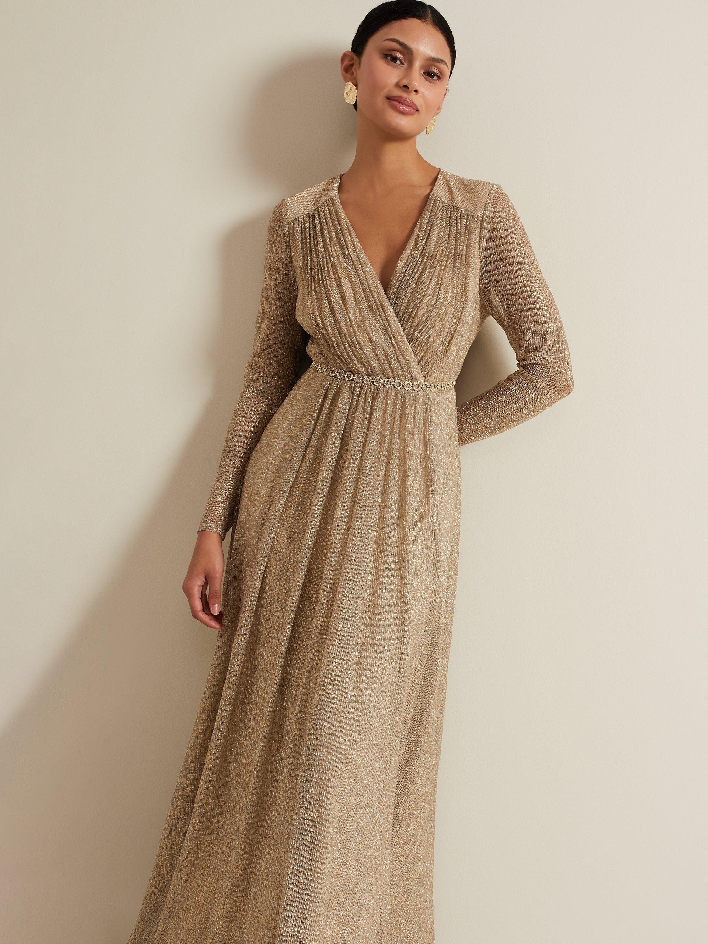 Product image 3 of 9, which shows Phase Eight Masie Pleated Maxi Dress, Gold, 6