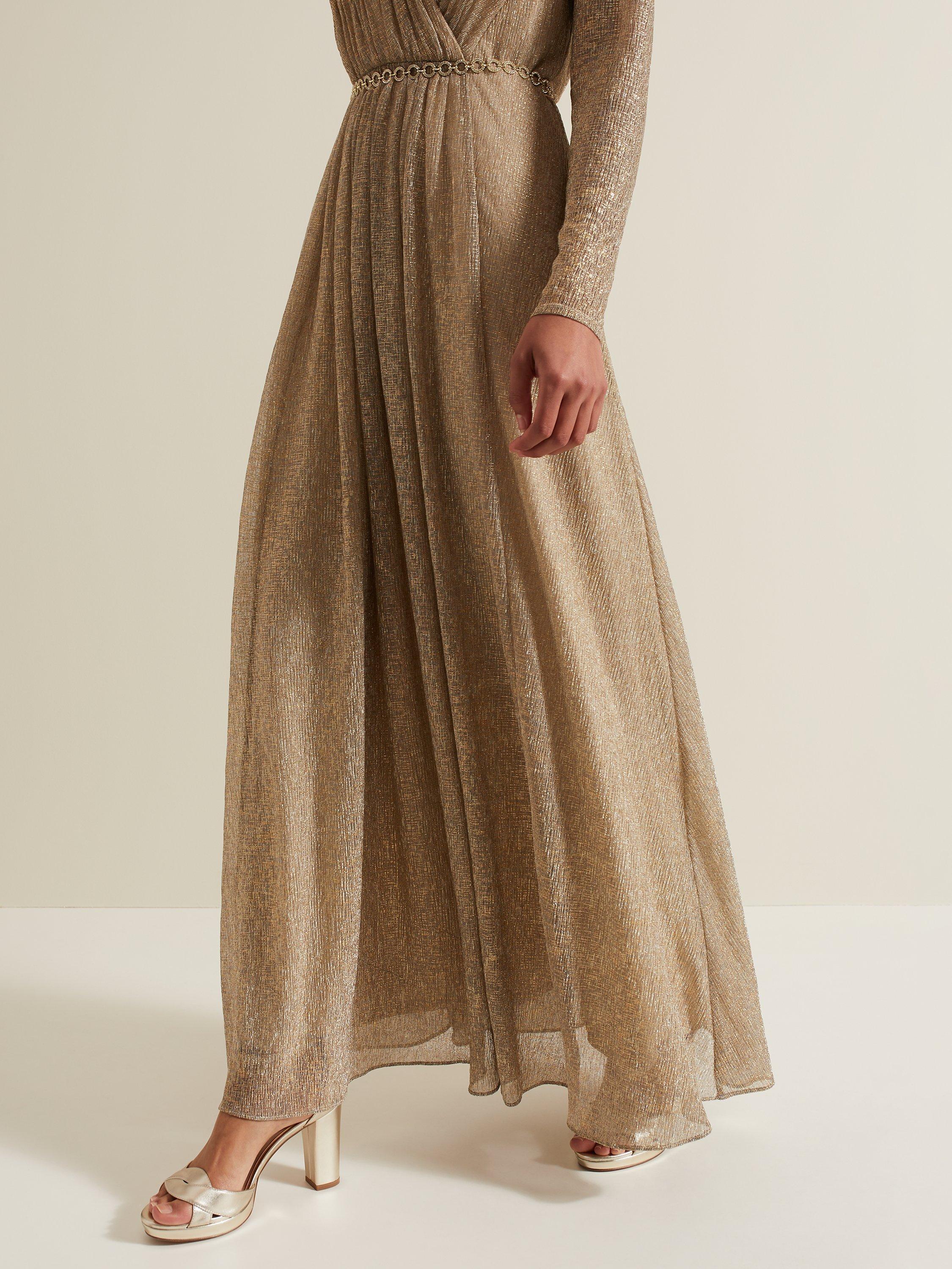 Product image 7 of 9, which shows Phase Eight Masie Pleated Maxi Dress, Gold, 6