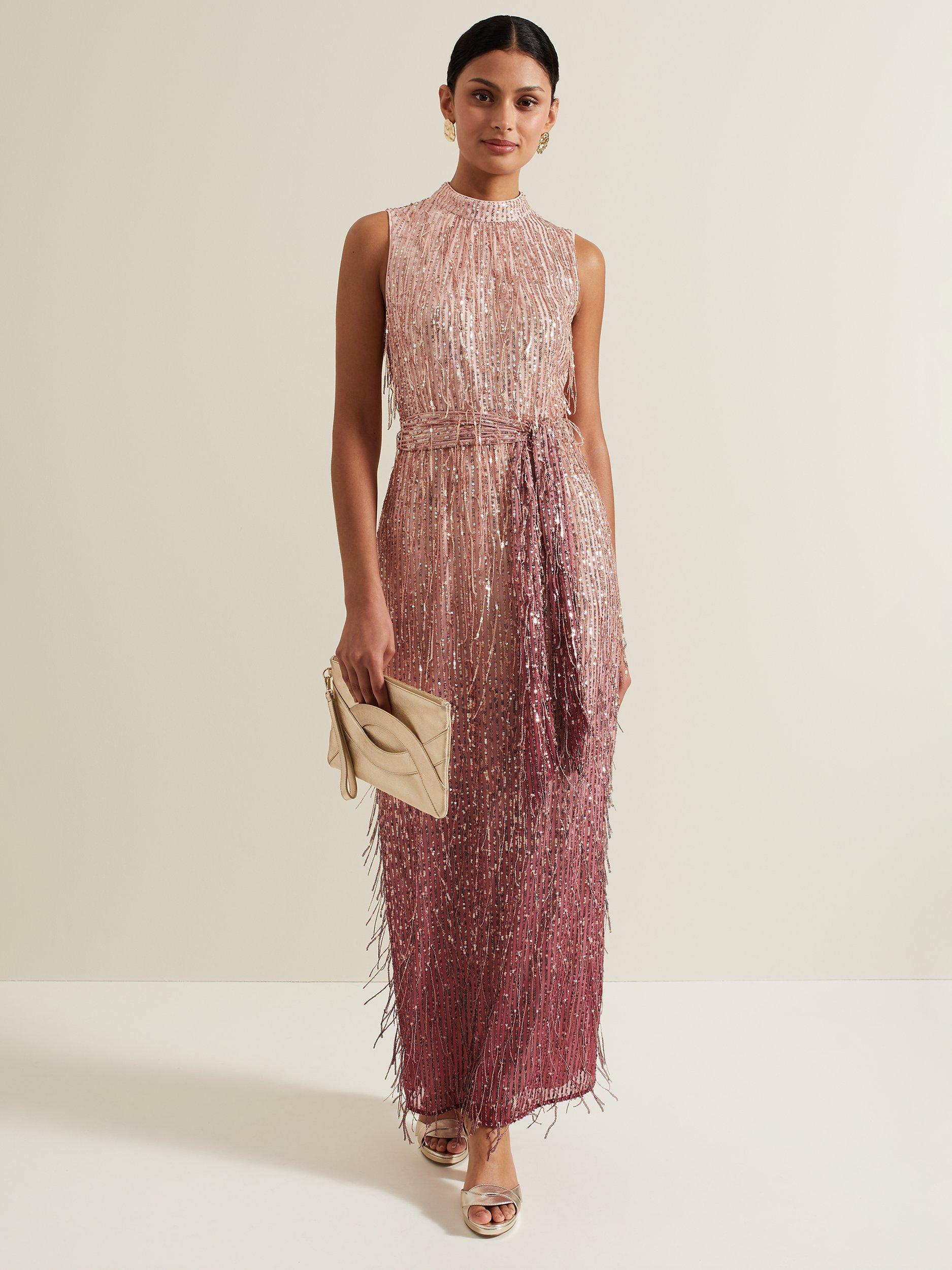 Product image 1 of 9, which shows Phase Eight Becka Sparkle Maxi Dress, Pink, 10