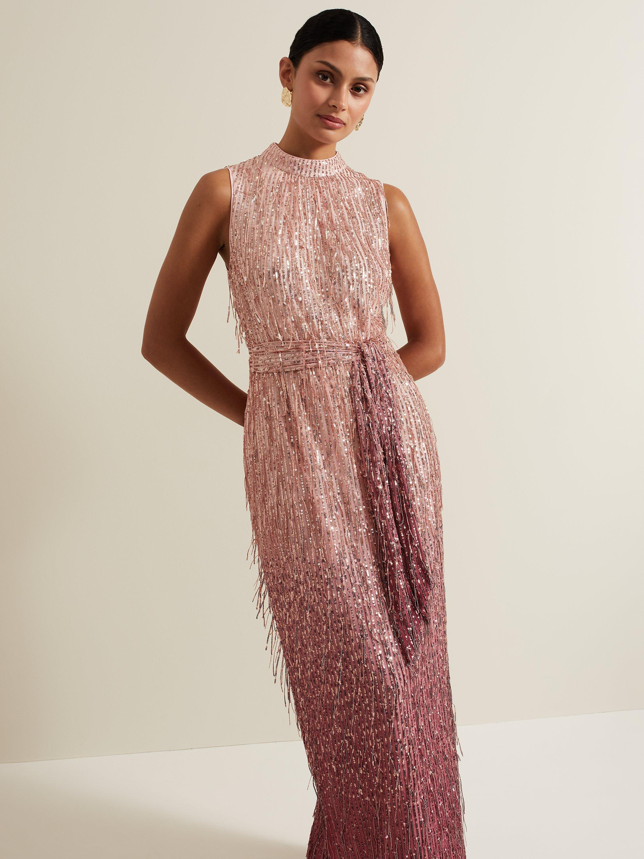 Product image 3 of 9, which shows Phase Eight Becka Sparkle Maxi Dress, Pink, 10