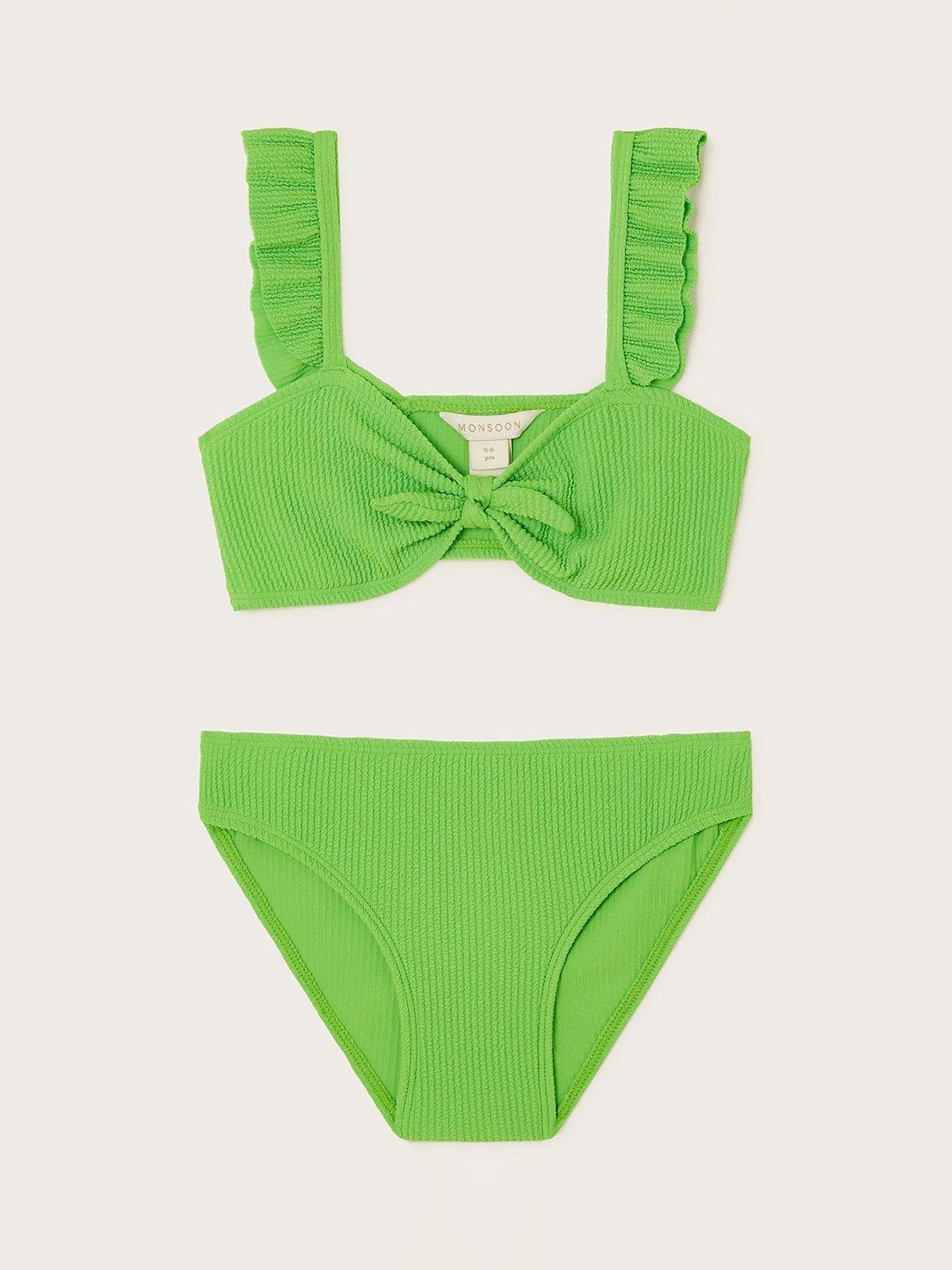 Product image 1 of 3, which shows Monsoon Kids' Textured Tie Bow Detail Bikini, Green, 5-6 years