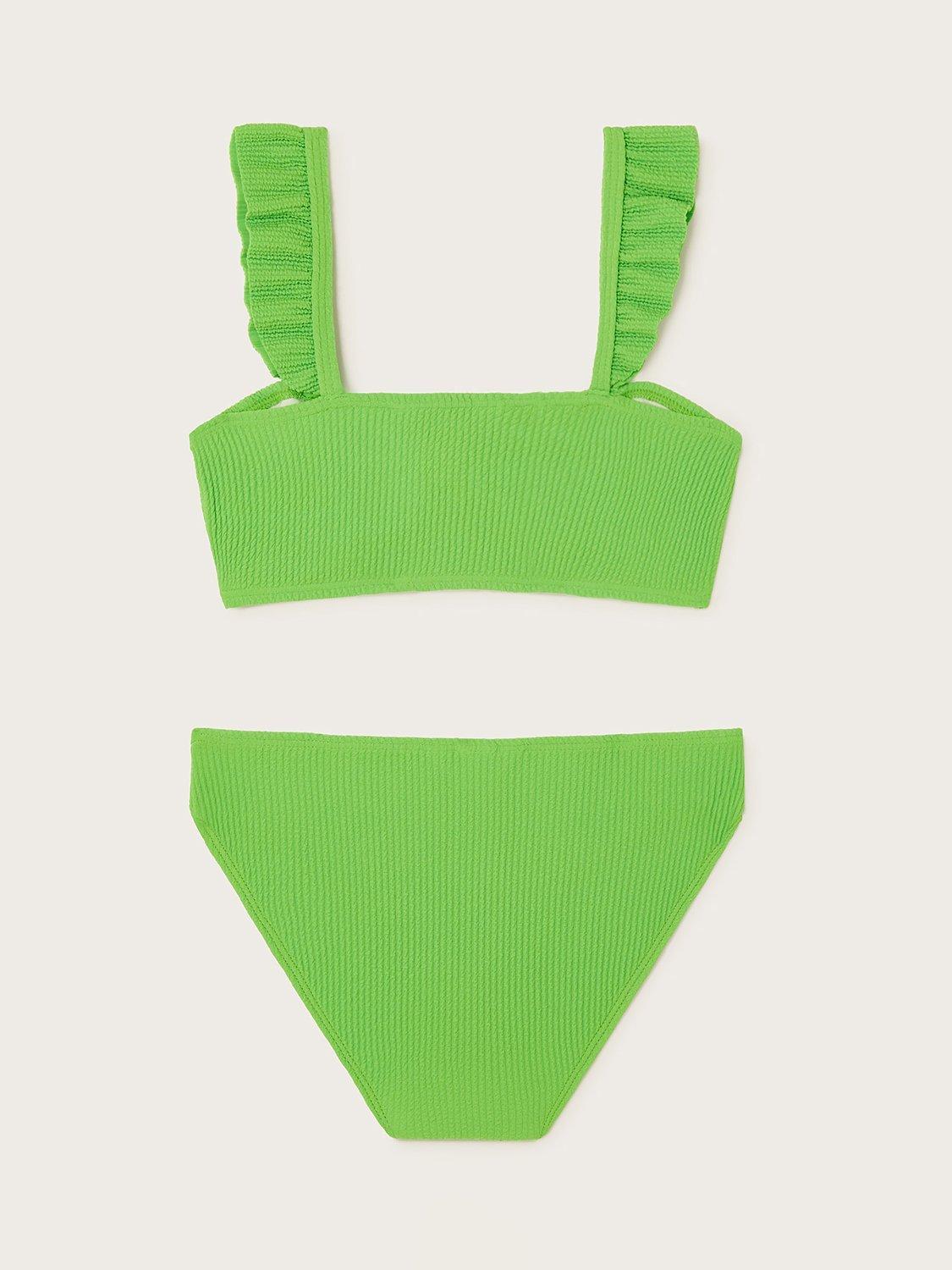 Product image 2 of 3, which shows Monsoon Kids' Textured Tie Bow Detail Bikini, Green, 5-6 years