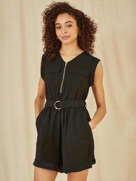 Yumi Utility Pockets Short Playsuit, Black, Black