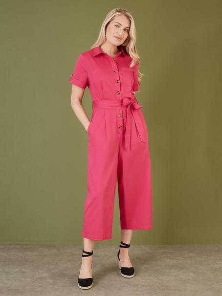 Yumi Viscose Twill Button Up Utility Jumpsuit, Pink, Pink