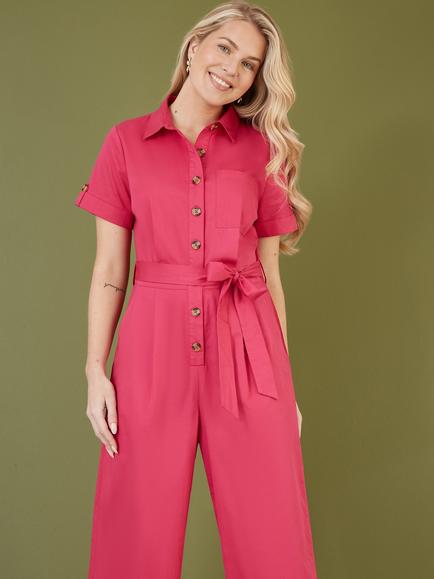 Yumi Viscose Twill Button Up Utility Jumpsuit, Pink - view 2, Pink