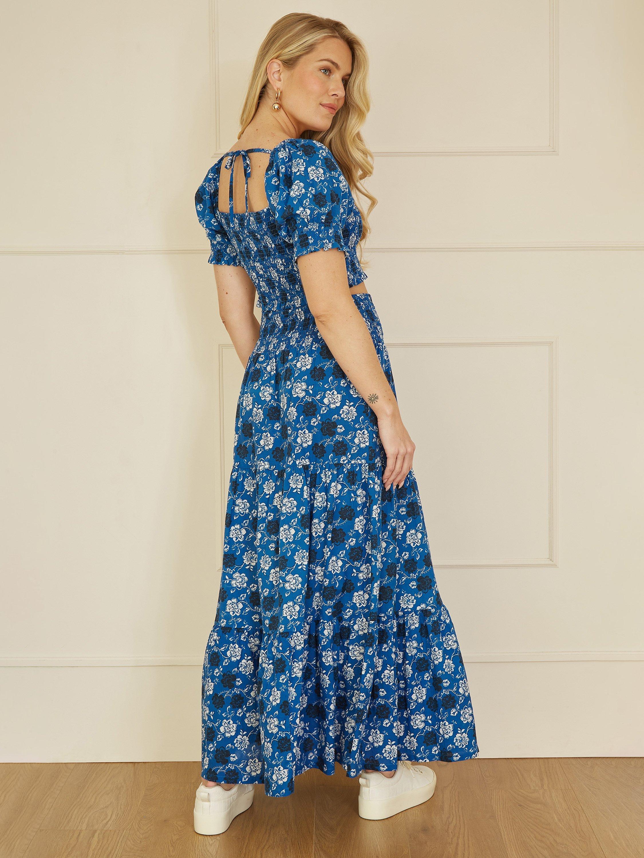 Product image 3 of 4, which shows Yumi Organic Cotton Floral Print Ruched Crop Top, Blue/Multi, 8