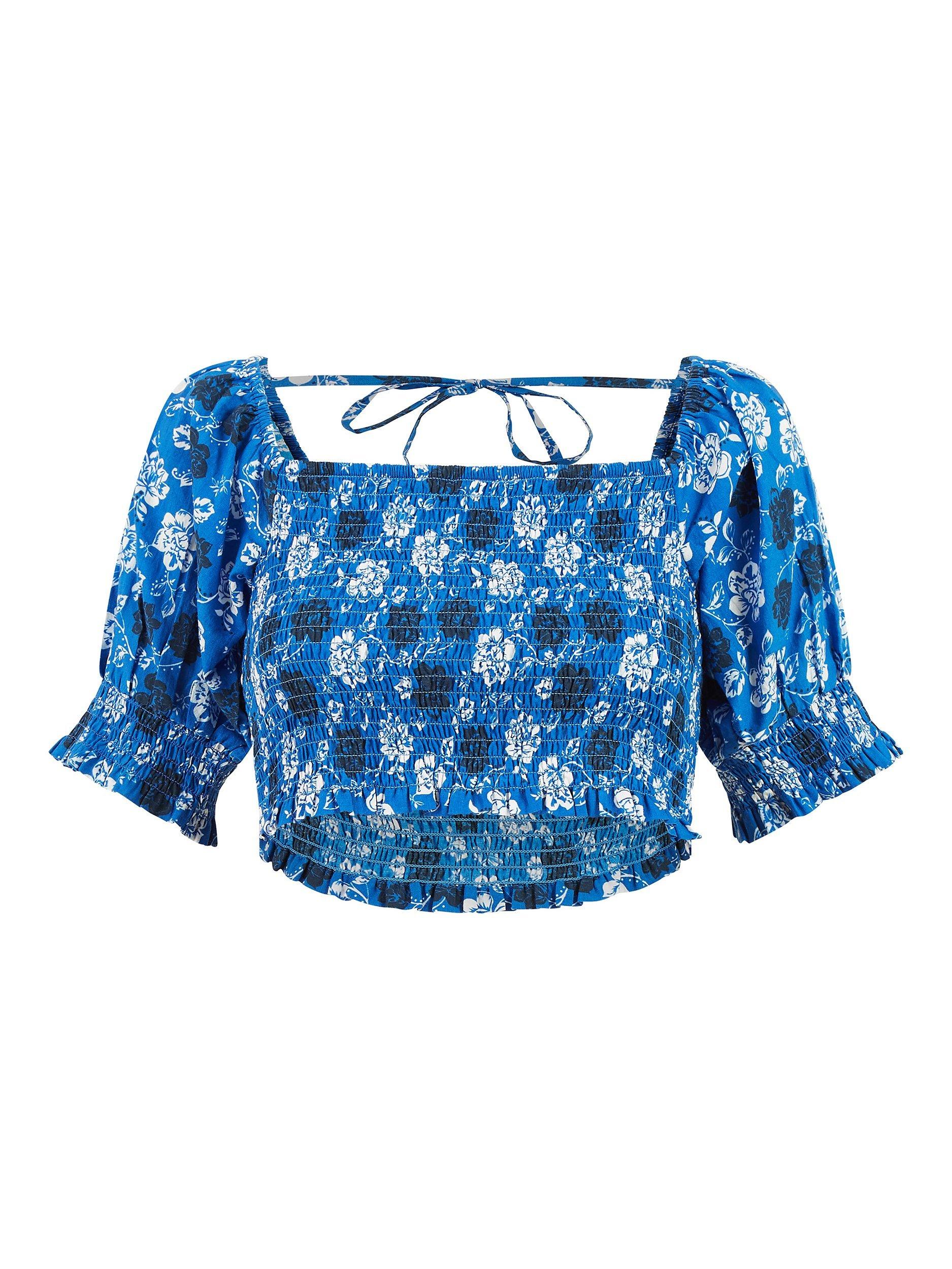 Product image 4 of 4, which shows Yumi Organic Cotton Floral Print Ruched Crop Top, Blue/Multi, 8