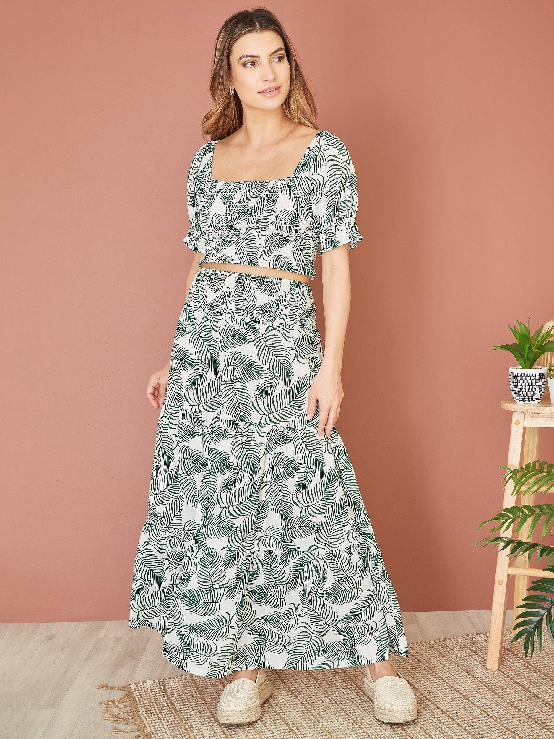 Yumi Organic Cotton Palm Leaf Print Ruched Waist Maxi Skirt Green