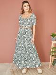 Yumi Organic Cotton Palm Leaf Print Ruched Waist Maxi Skirt, Green, Green