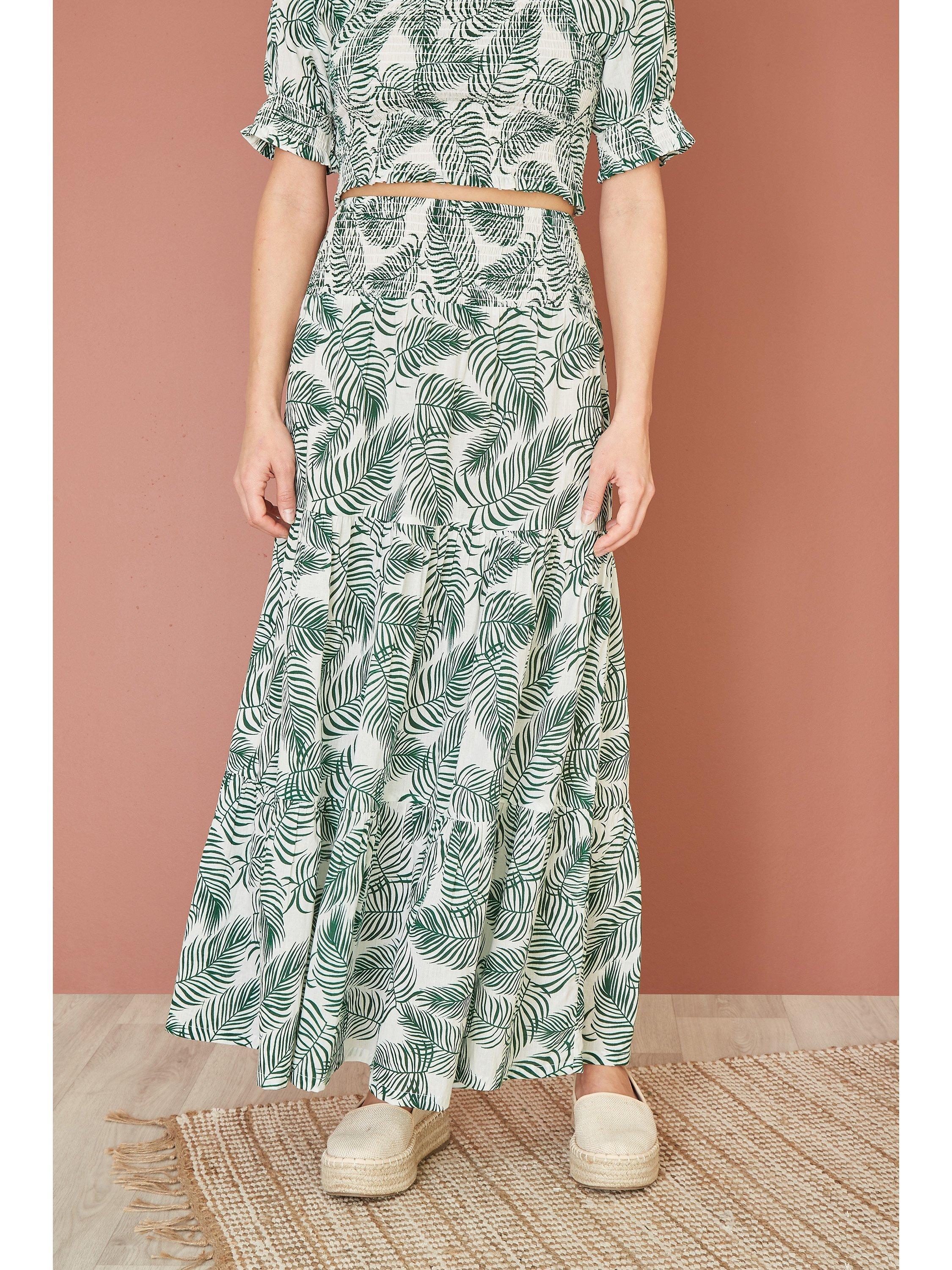 Product image 2 of 4, which shows Yumi Organic Cotton Palm Leaf Print Ruched Waist Maxi Skirt, Green, 8