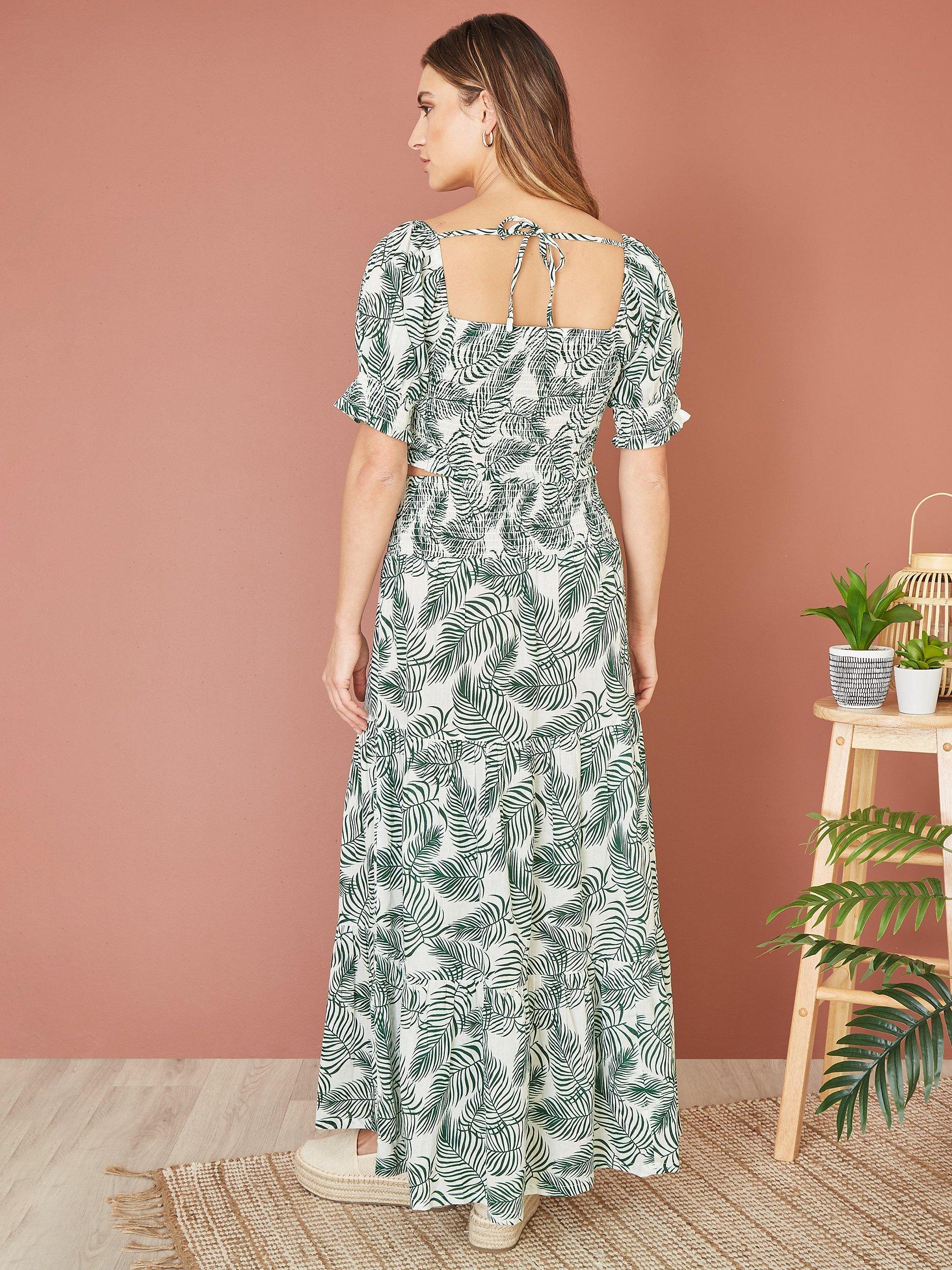 Product image 3 of 4, which shows Yumi Organic Cotton Palm Leaf Print Ruched Waist Maxi Skirt, Green, 8