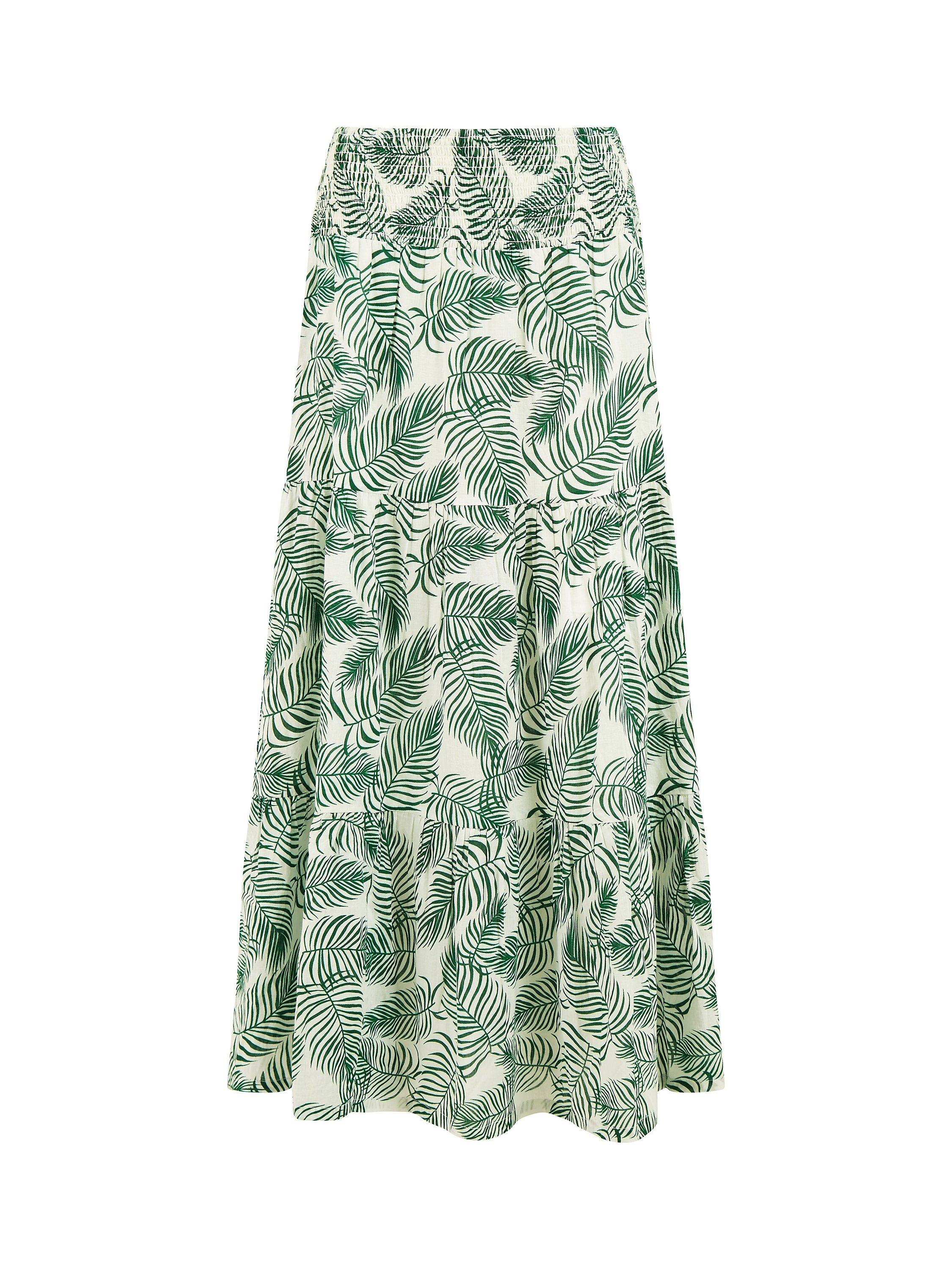 Product image 4 of 4, which shows Yumi Organic Cotton Palm Leaf Print Ruched Waist Maxi Skirt, Green, 8