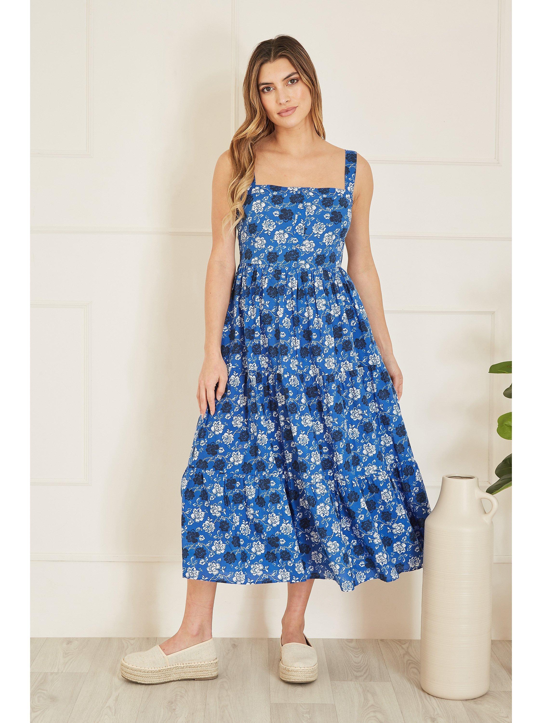 Product image 1 of 4, which shows Yumi Organic Cotton Floral Print Midi Sundress, Blue/Multi, 8