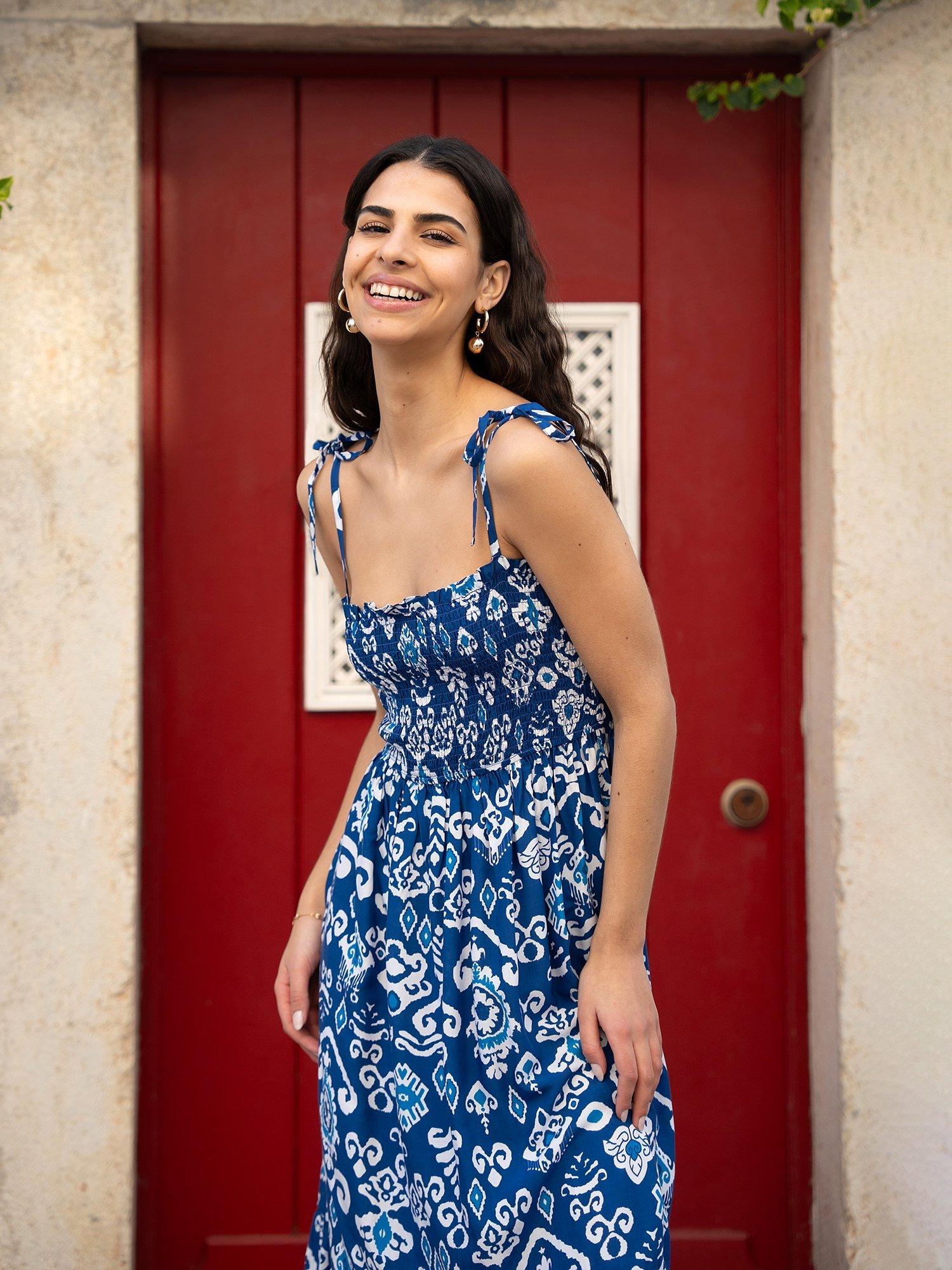 Product image 3 of 4, which shows Yumi Ikat Print Maxi Sun Dress, Blue/White, 8