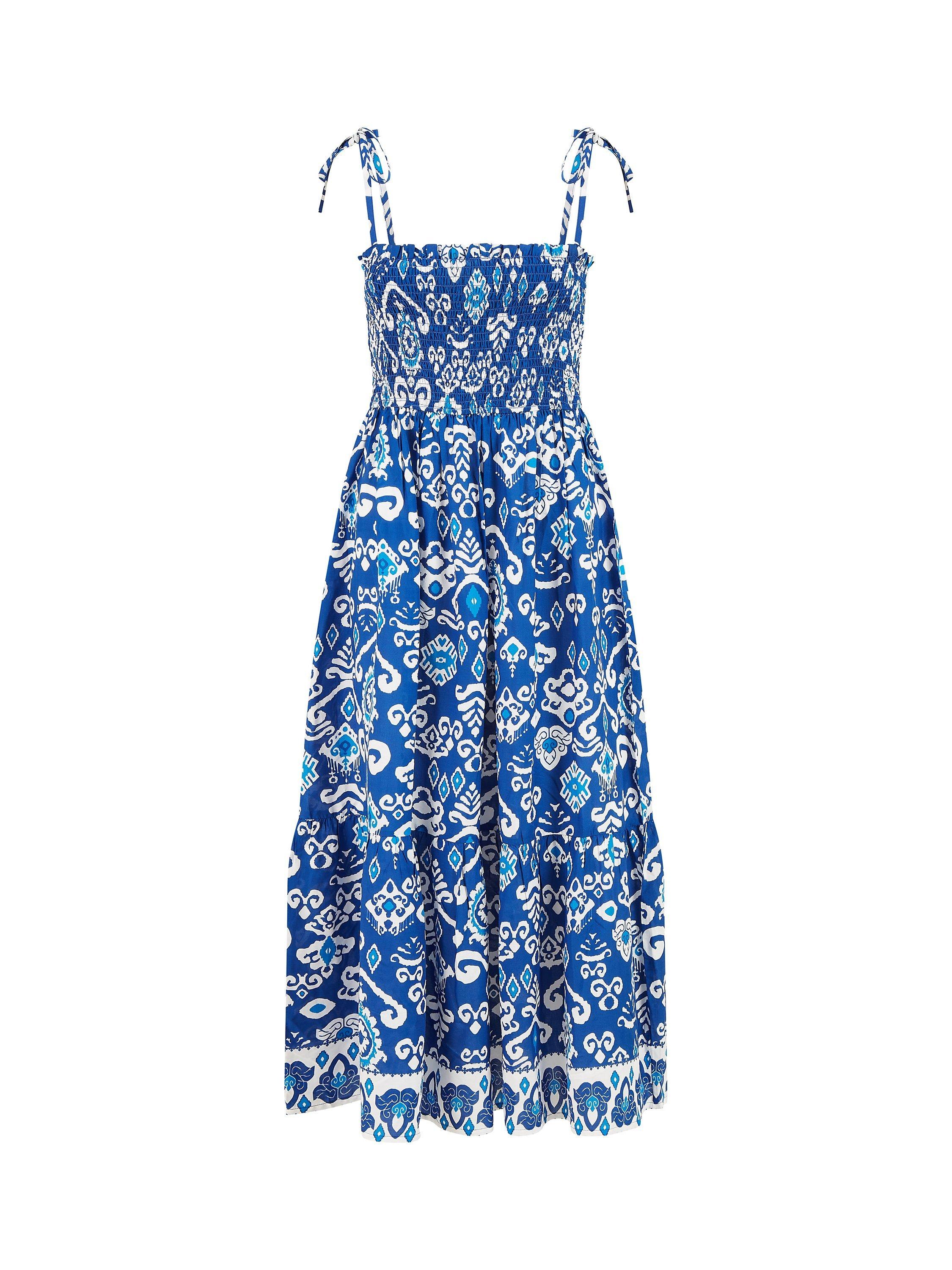 Product image 4 of 4, which shows Yumi Ikat Print Maxi Sun Dress, Blue/White, 8