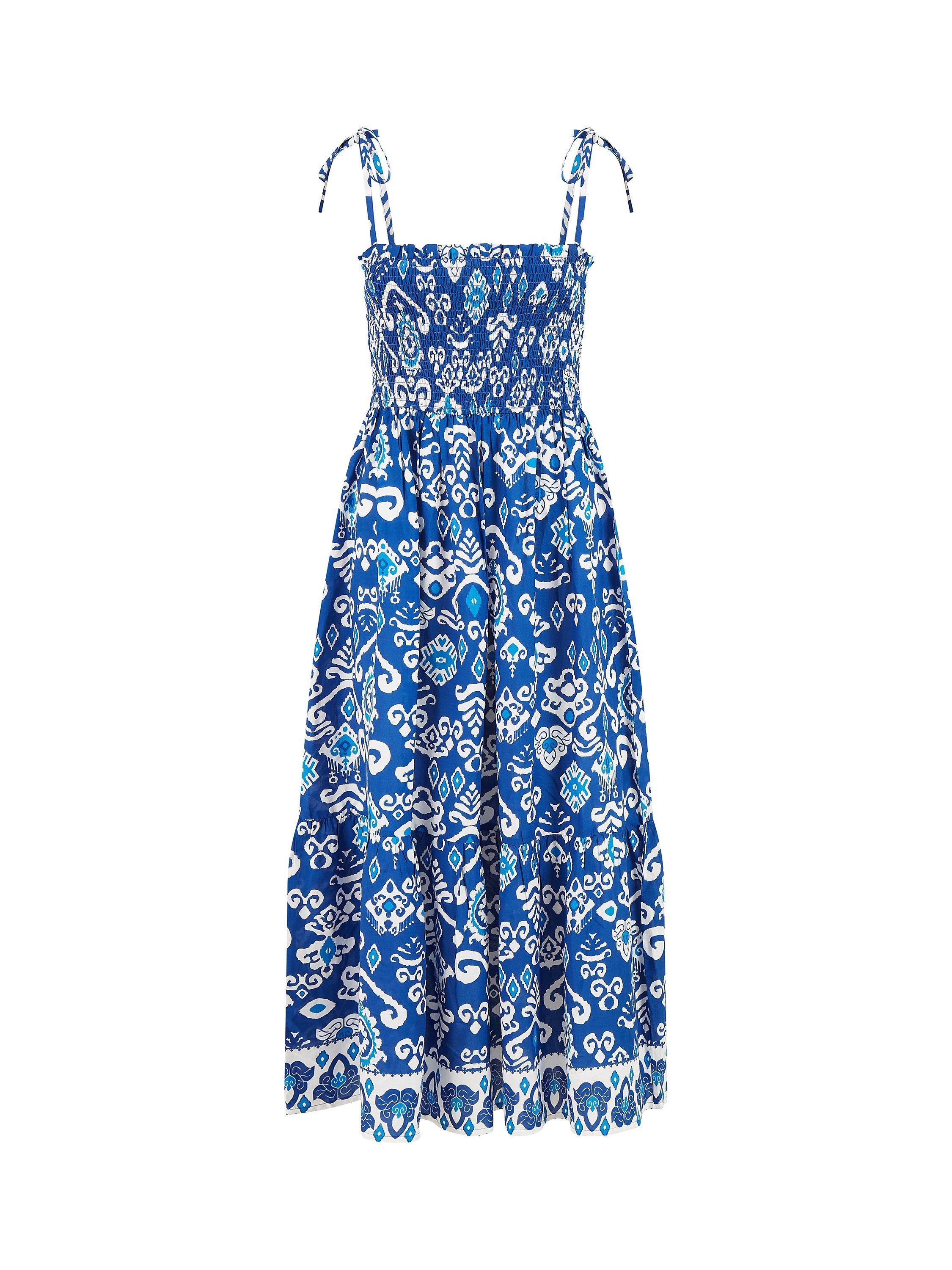 Yumi Ikat Print Maxi Sun Dress, Blue/White, 8