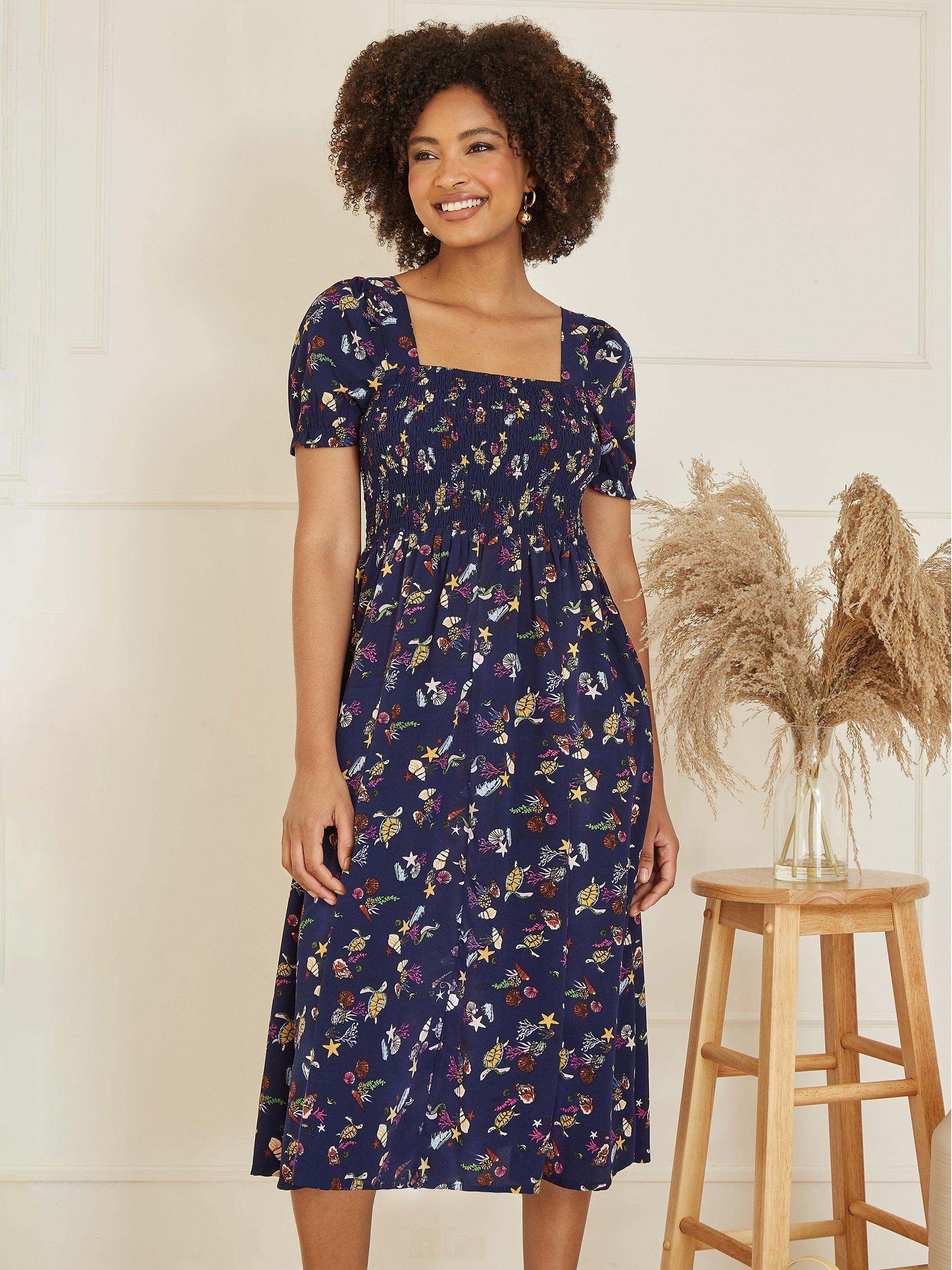 Product image 1 of 6, which shows Yumi Sealife Midi Dress, Navy/Multi, 8