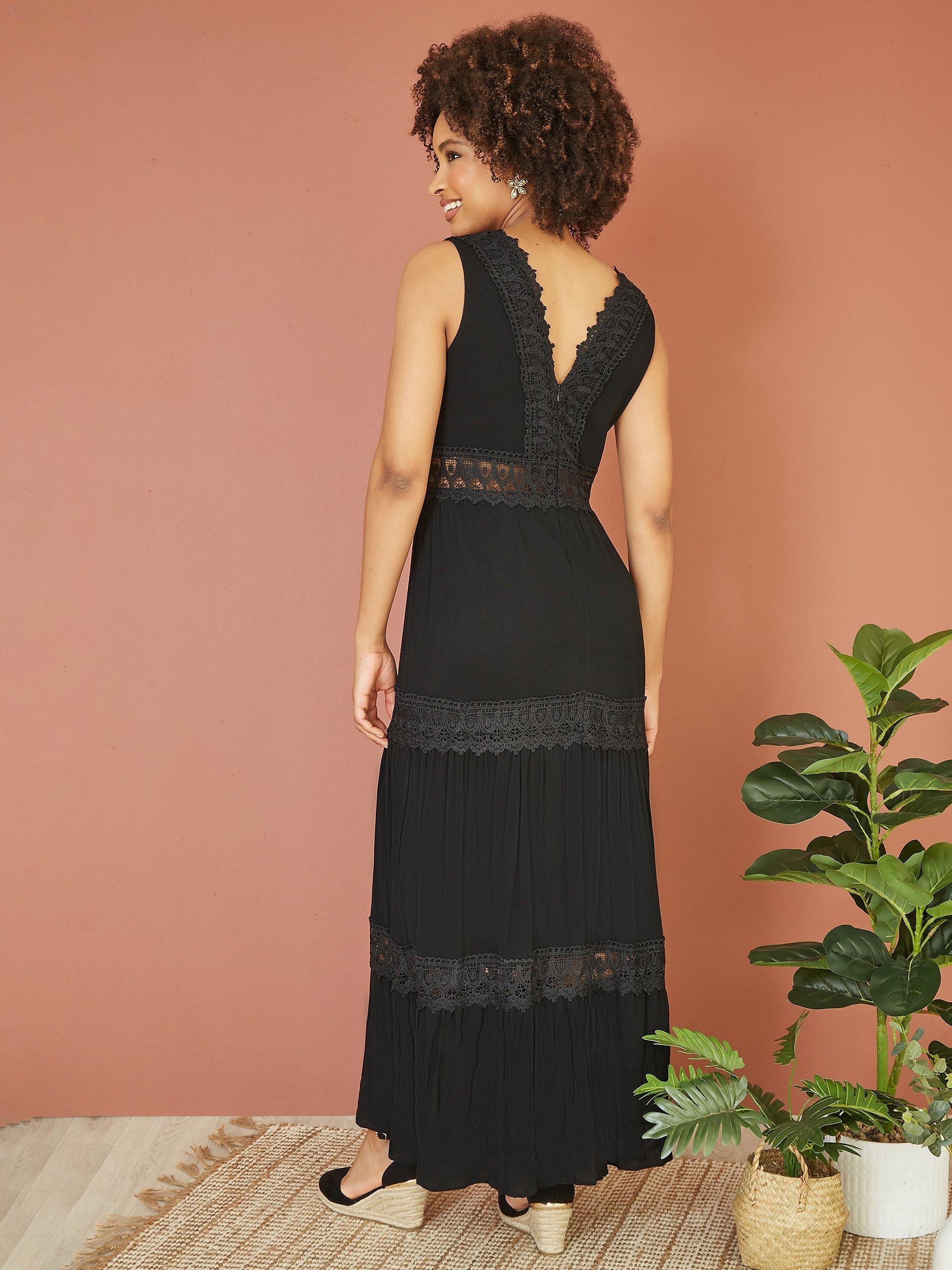 Product image 4 of 5, which shows Yumi Lace Trim Cotton Maxi Sundress, Black, S