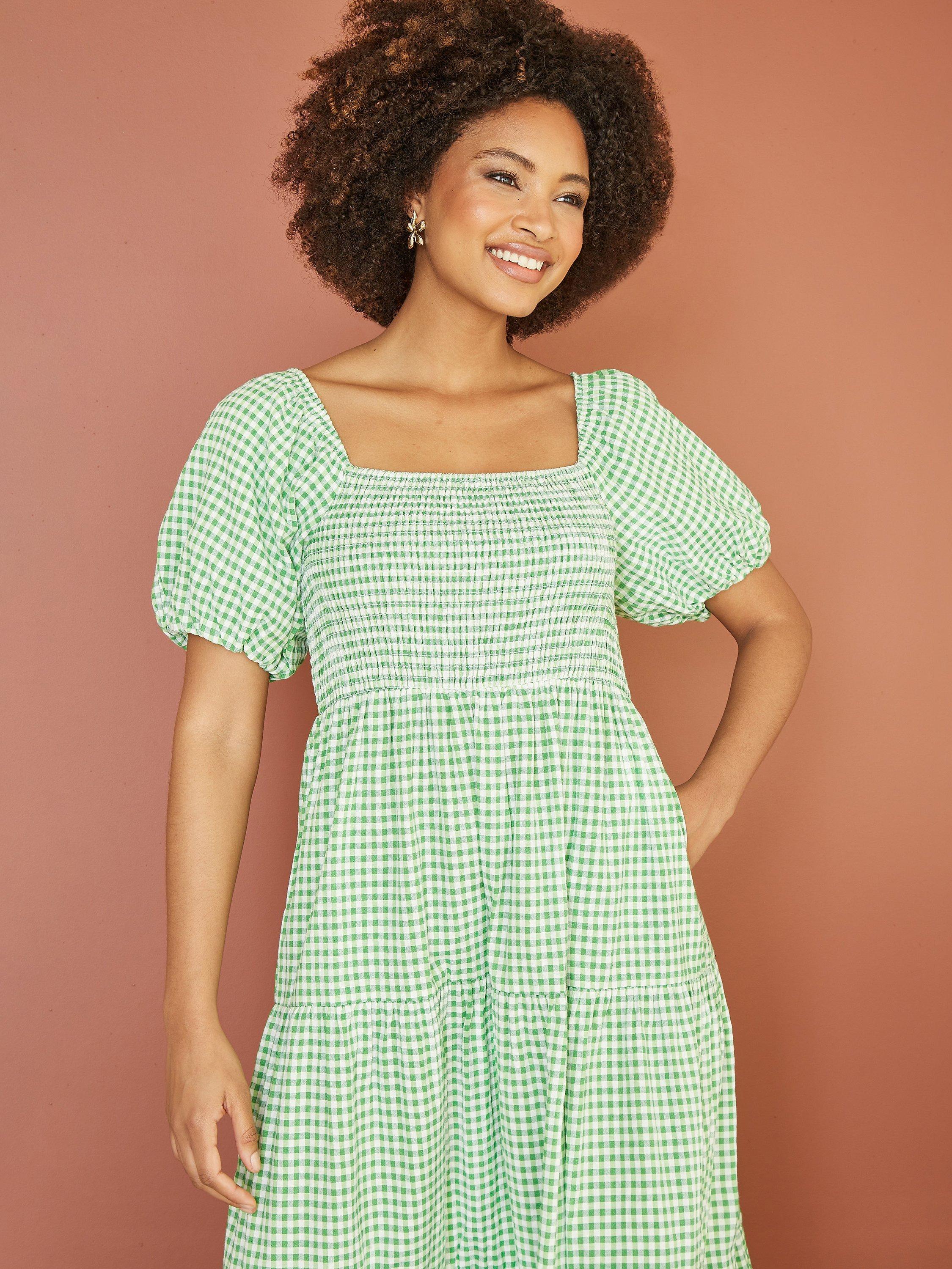 Product image 3 of 5, which shows Yumi Gingham Smock Midi Dress, Green, 8