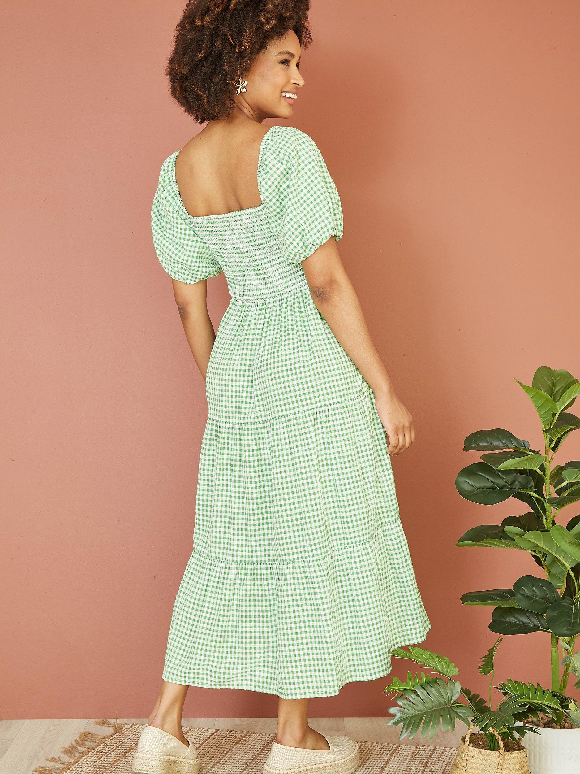 Product image 4 of 5, which shows Yumi Gingham Smock Midi Dress, Green, 8