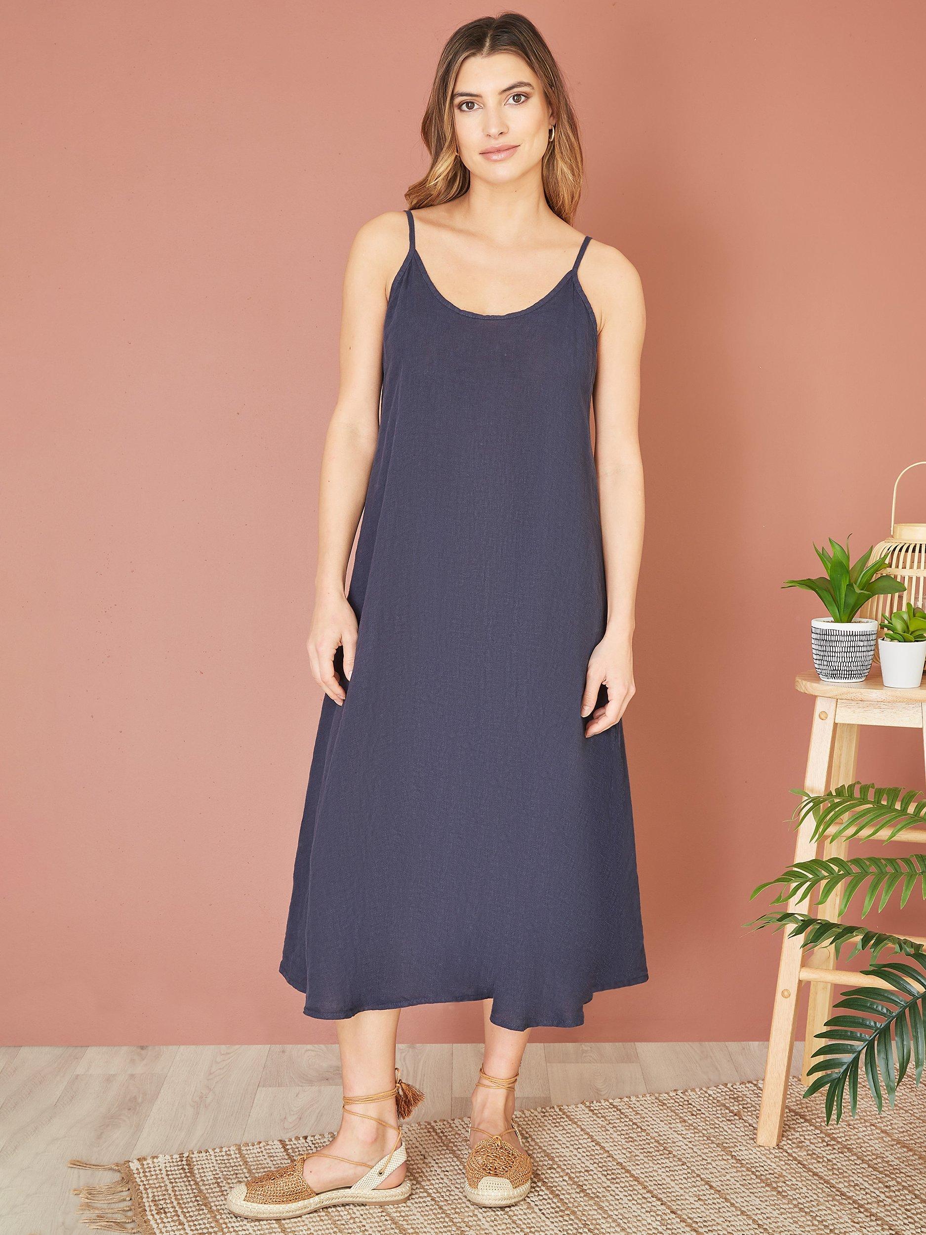 Product image 2 of 4, which shows Yumi Relaxed Midi Linen Dress, Navy, S