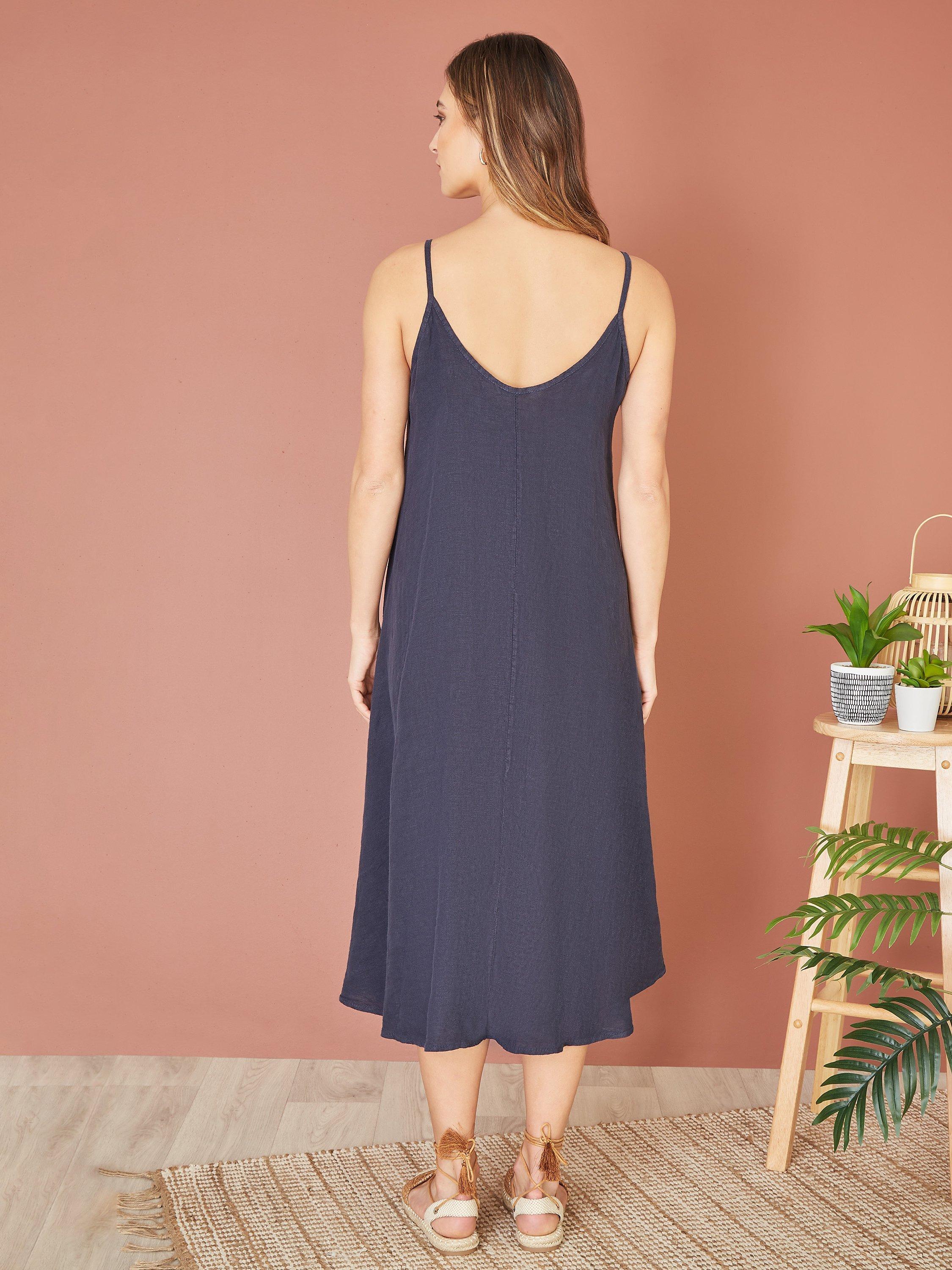 Product image 3 of 4, which shows Yumi Relaxed Midi Linen Dress, Navy, S