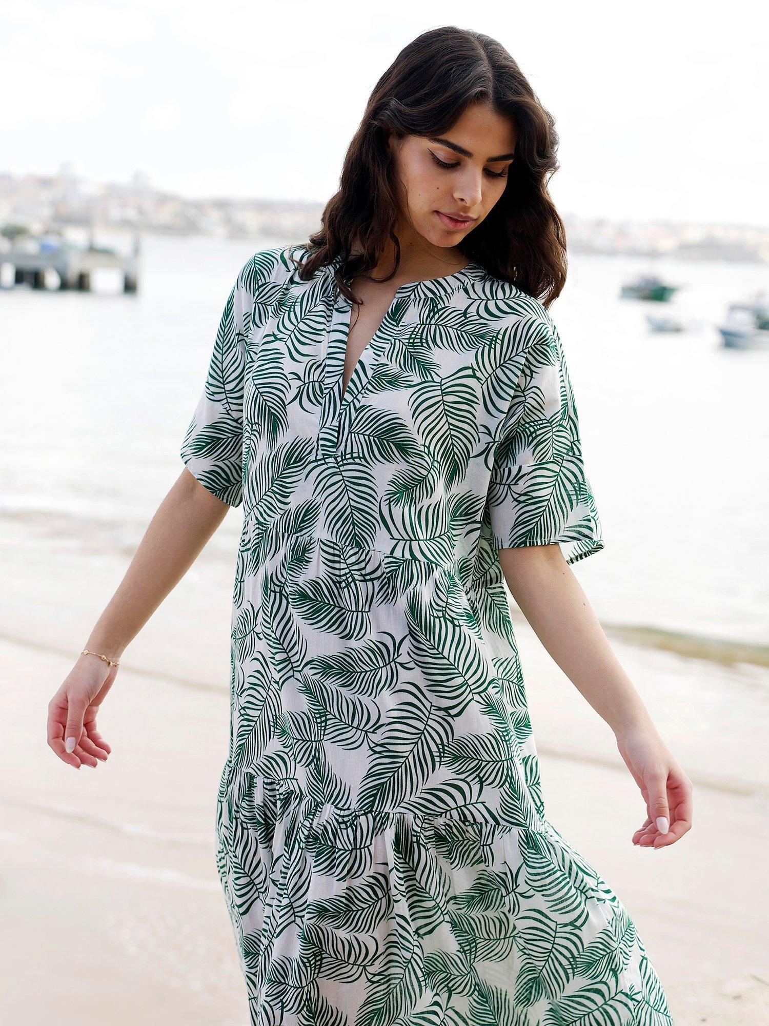 Product image 2 of 5, which shows Yumi Organic Cotton Leaf Print Tiered Tunic Midi Dress, Green, 8