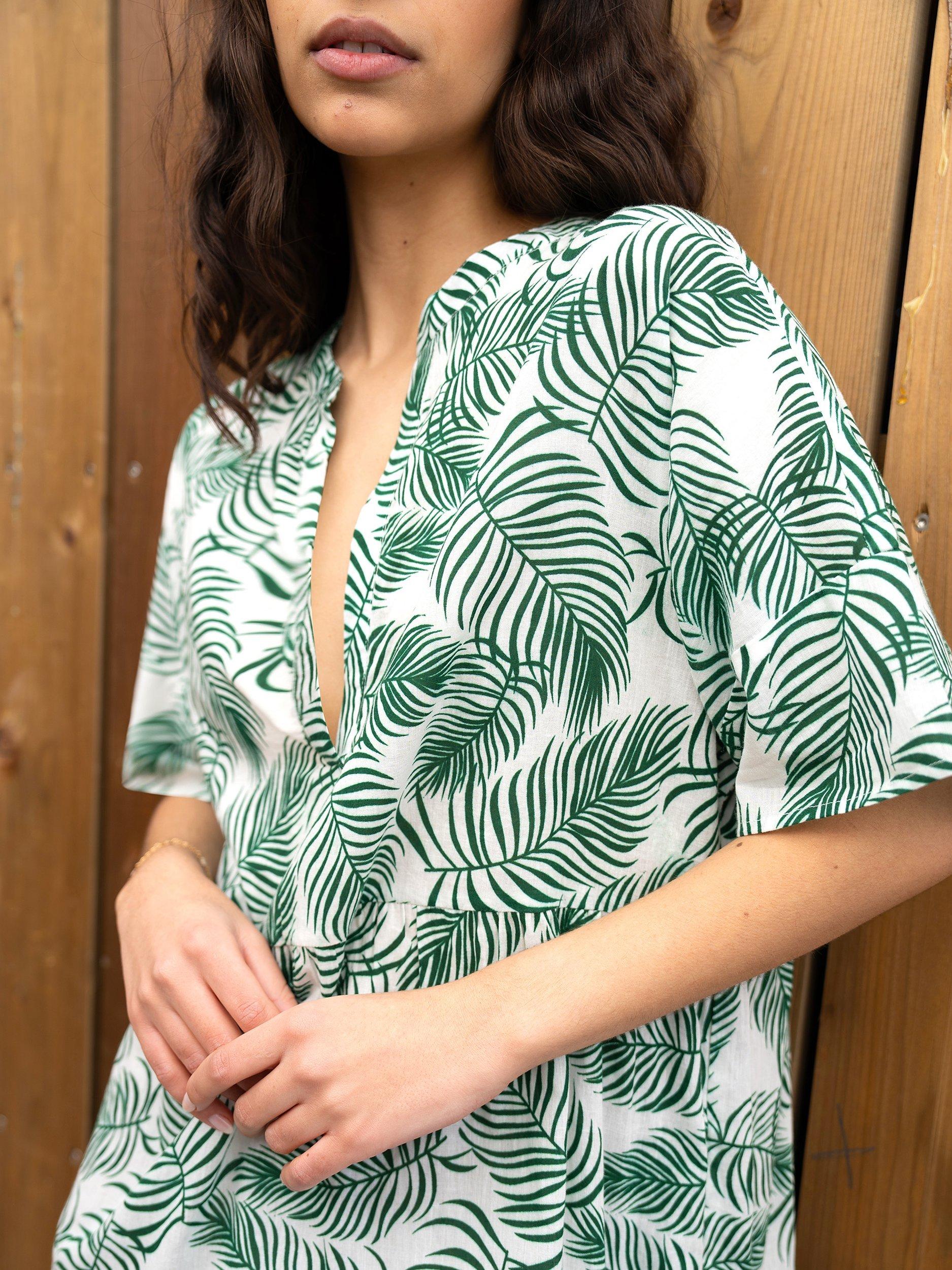 Product image 3 of 5, which shows Yumi Organic Cotton Leaf Print Tiered Tunic Midi Dress, Green, 8
