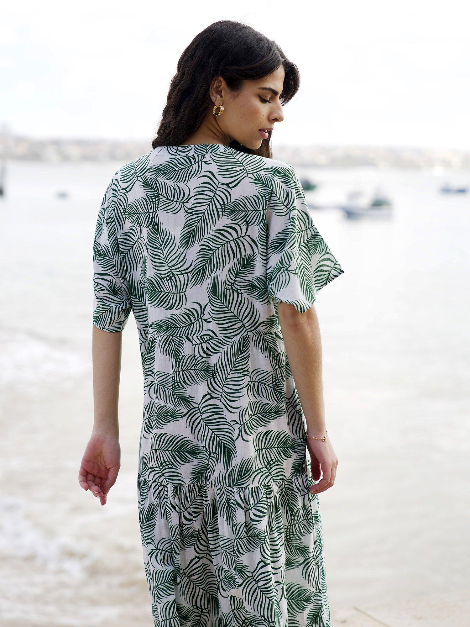 Product image 4 of 5, which shows Yumi Organic Cotton Leaf Print Tiered Tunic Midi Dress, Green, 8
