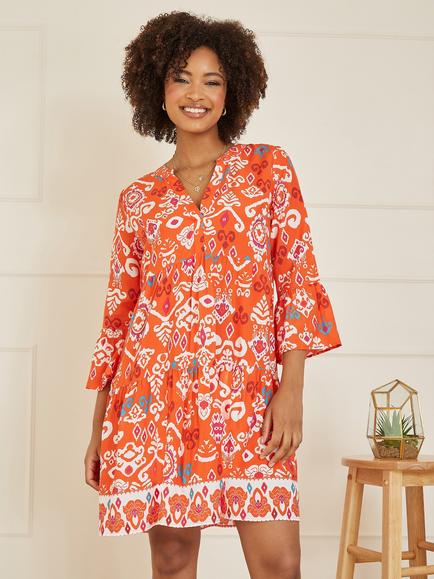 Yumi Ikat Print Mini Tunic Dress, Orange, Orange