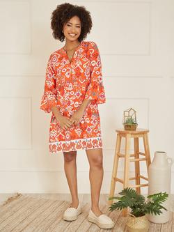 Yumi Ikat Print Mini Tunic Dress, Orange - view 2, Orange