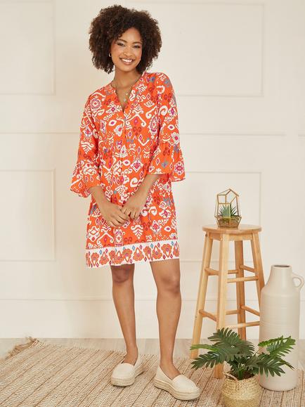 Yumi Ikat Print Mini Tunic Dress, Orange - view 2, Orange