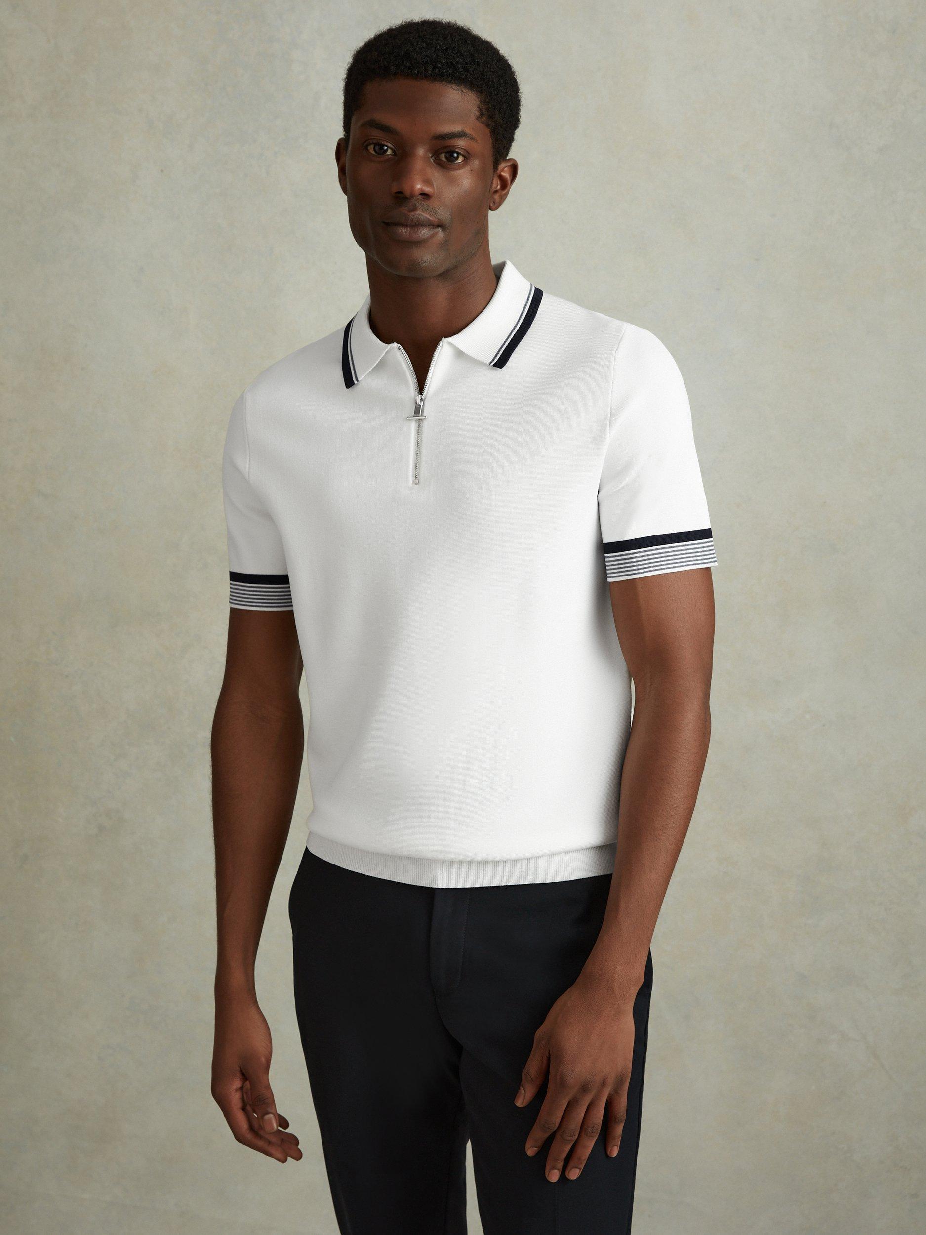 Reiss Chelsea Short Sleeve Tipped Half Zip Polo Shirt Optic White