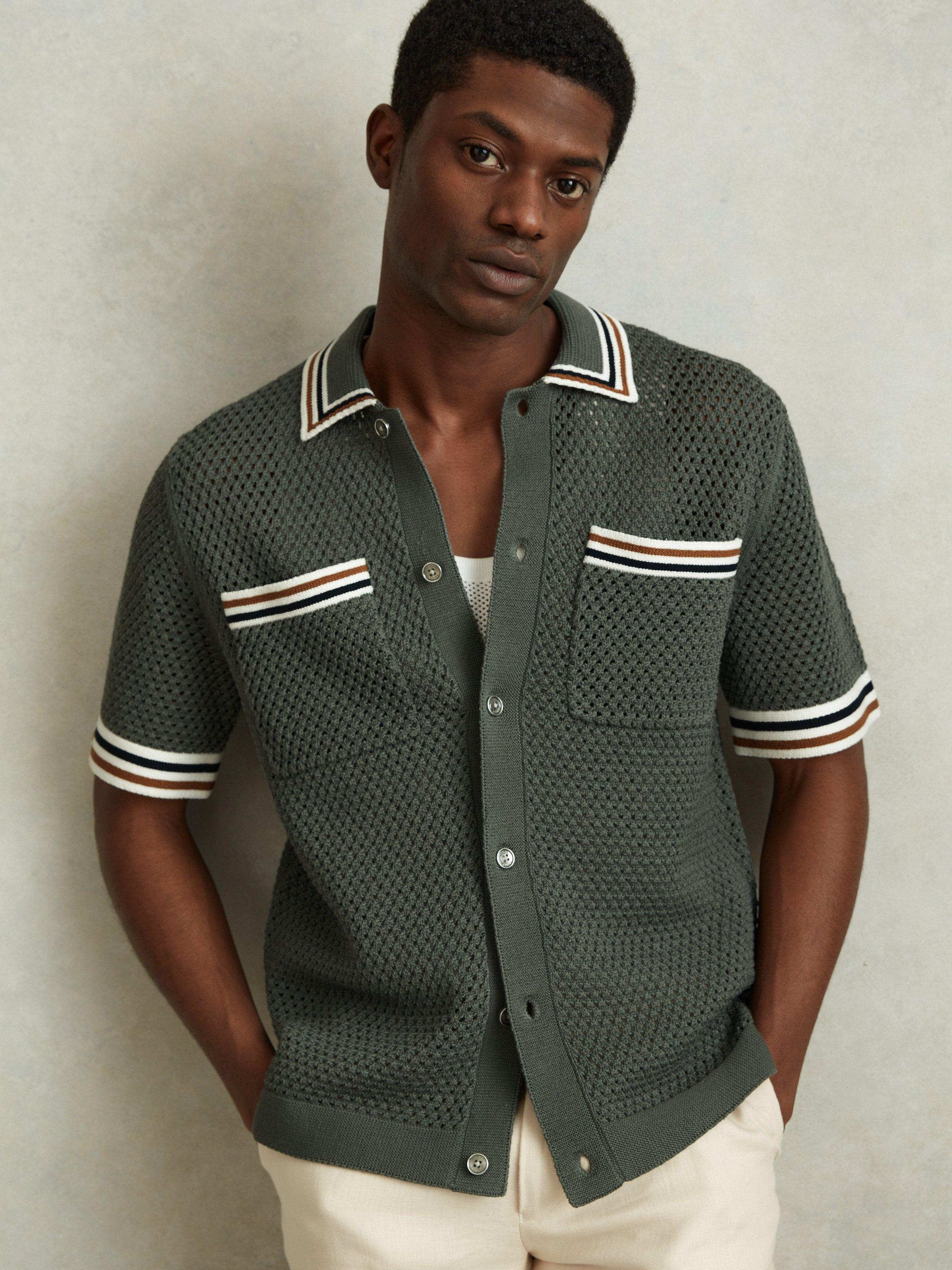 Reiss Coulson Short Sleeve Crochet Tipped Shirt, Dark Sage Green