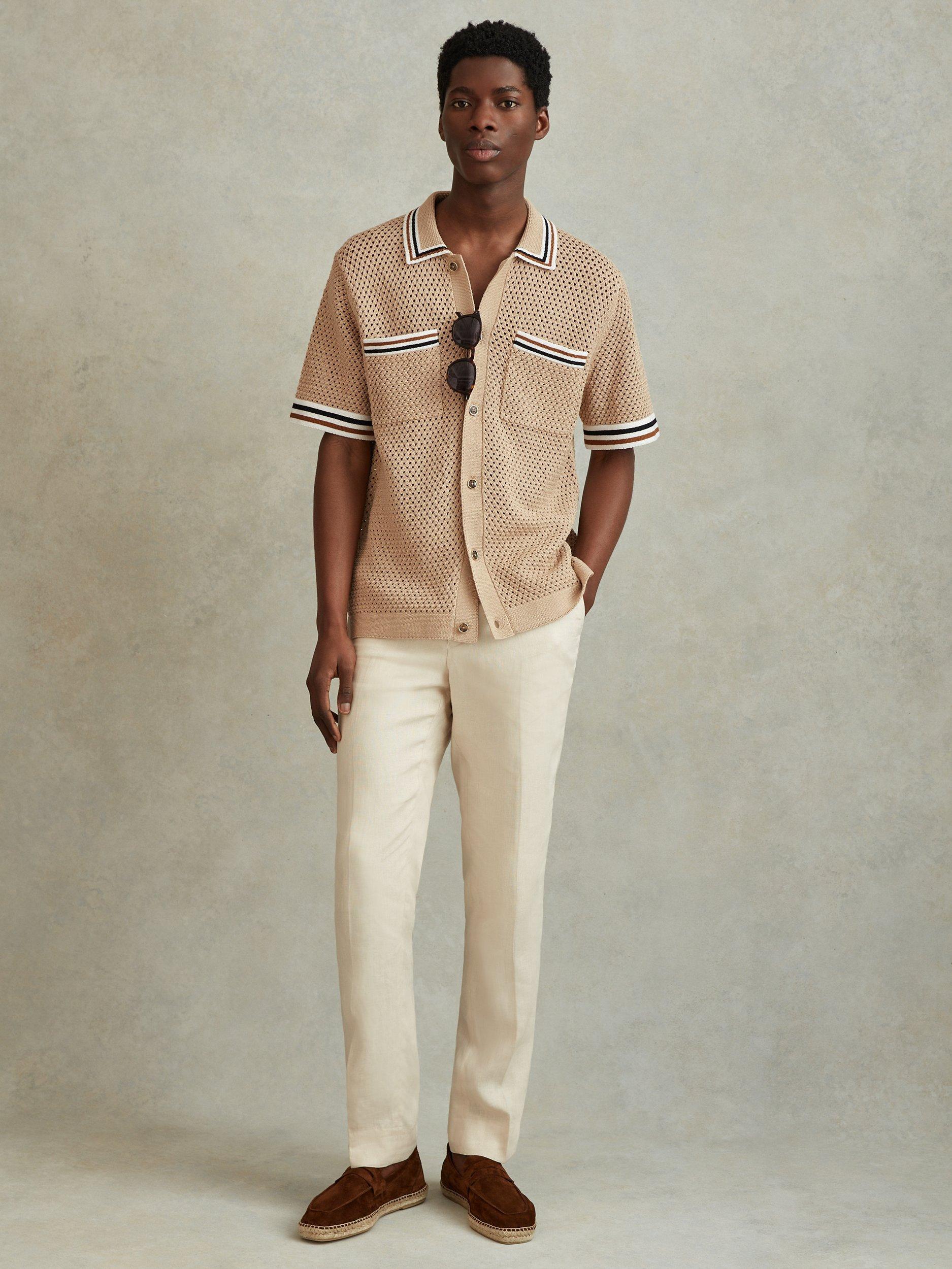 Reiss Coulson Short Sleeve Crochet Tipped Shirt Soft Taupe