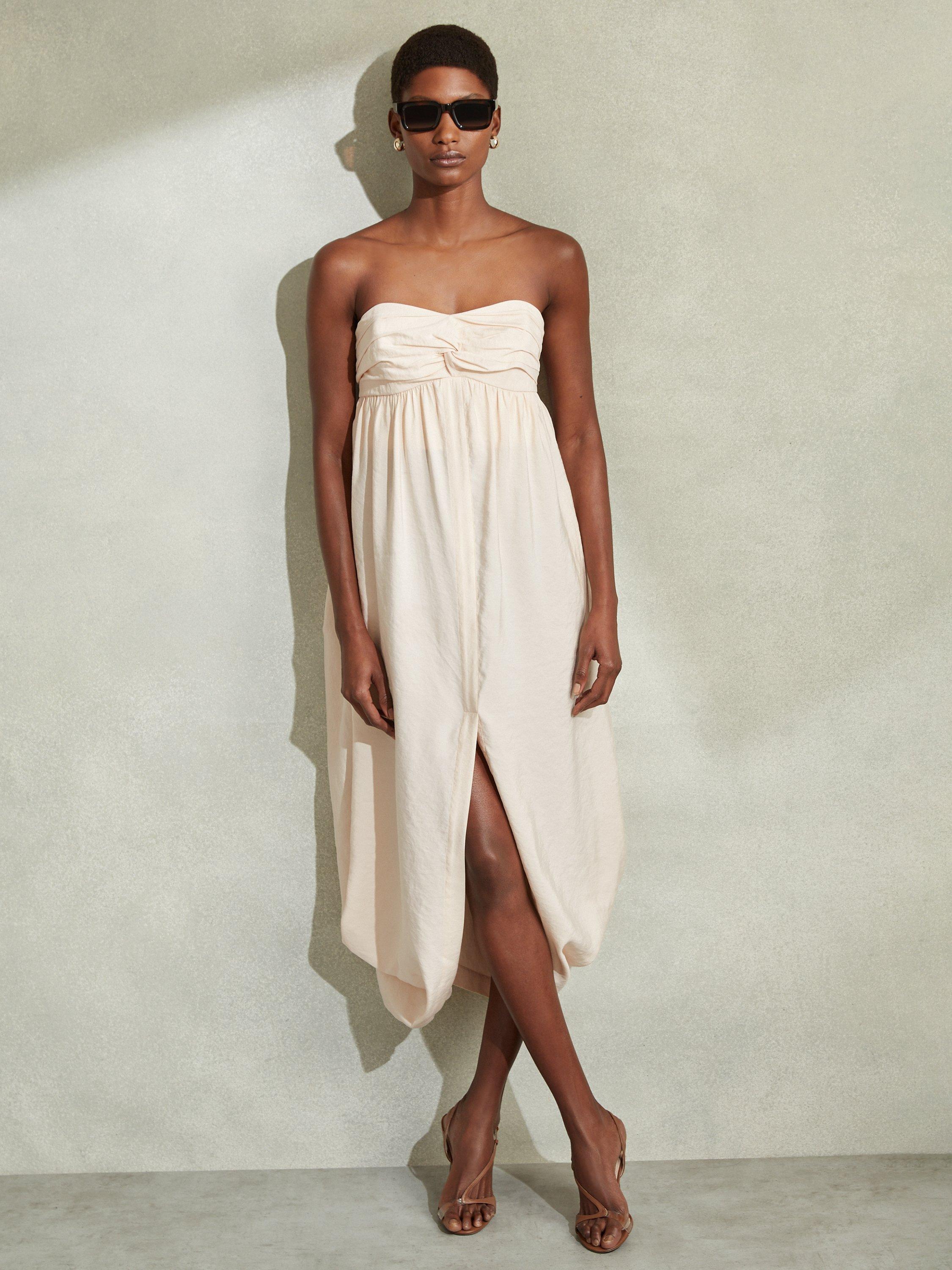 Reiss Evanna Bubble Hem Strapless Midi Dress, Neutral