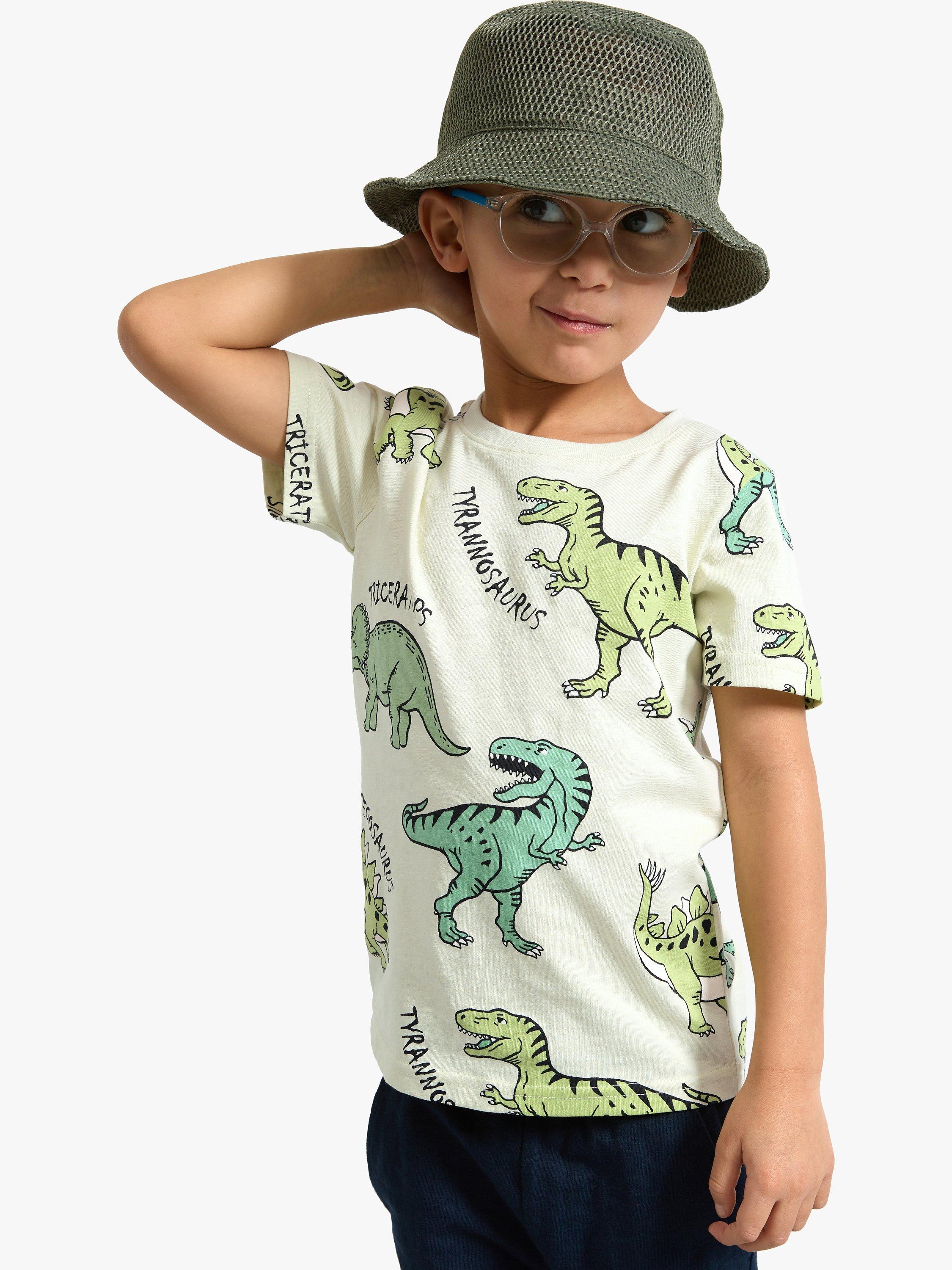 Product image 1 of 7, which shows Lindex Kids' Dinosaur Print T-Shirt, Light Dusty Green, 18-24 months