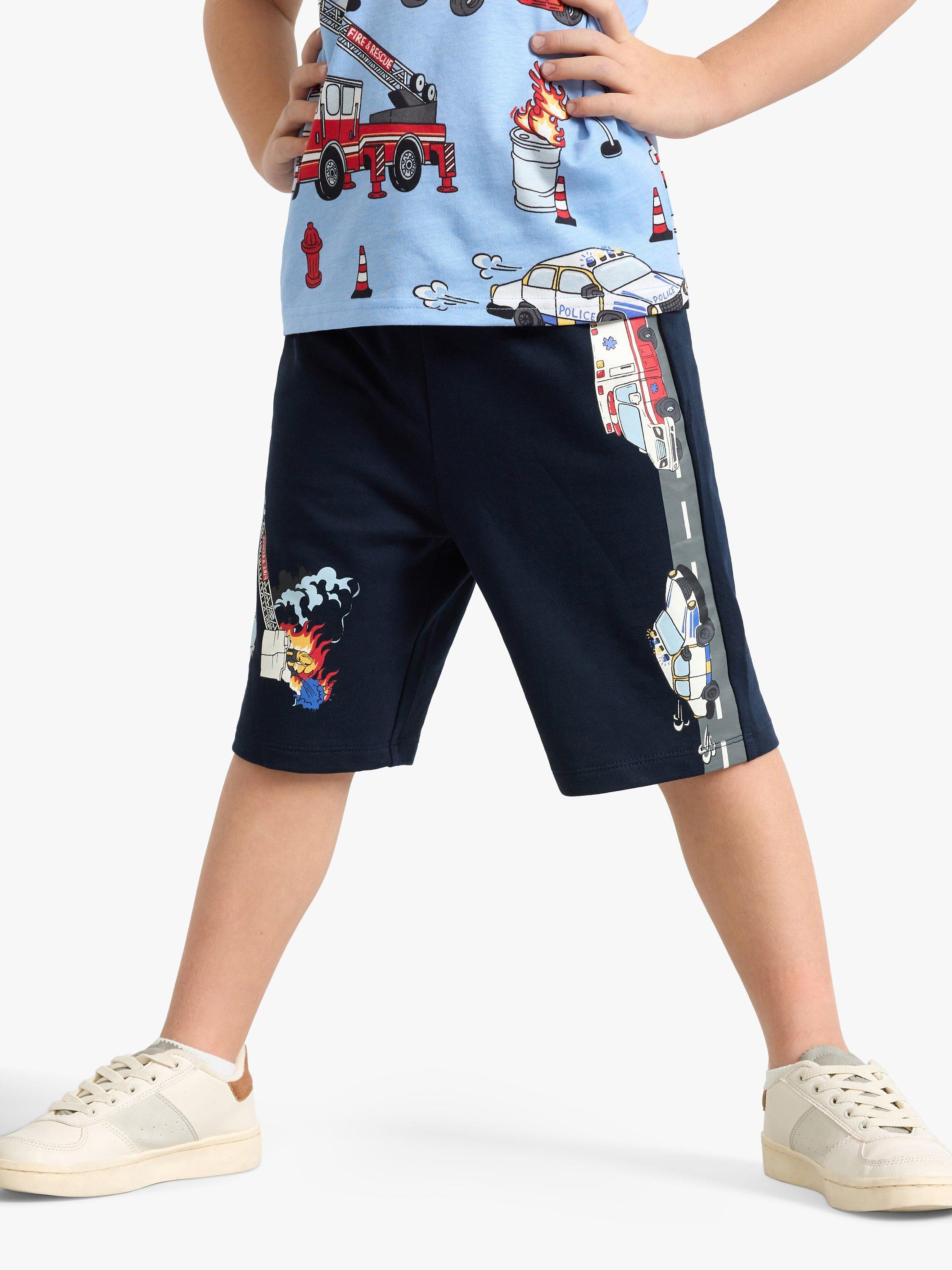 Product image 1 of 7, which shows Lindex Kids' Organic Cotton Vehicle Print Soft Shorts, Dark Navy, 18-24 months